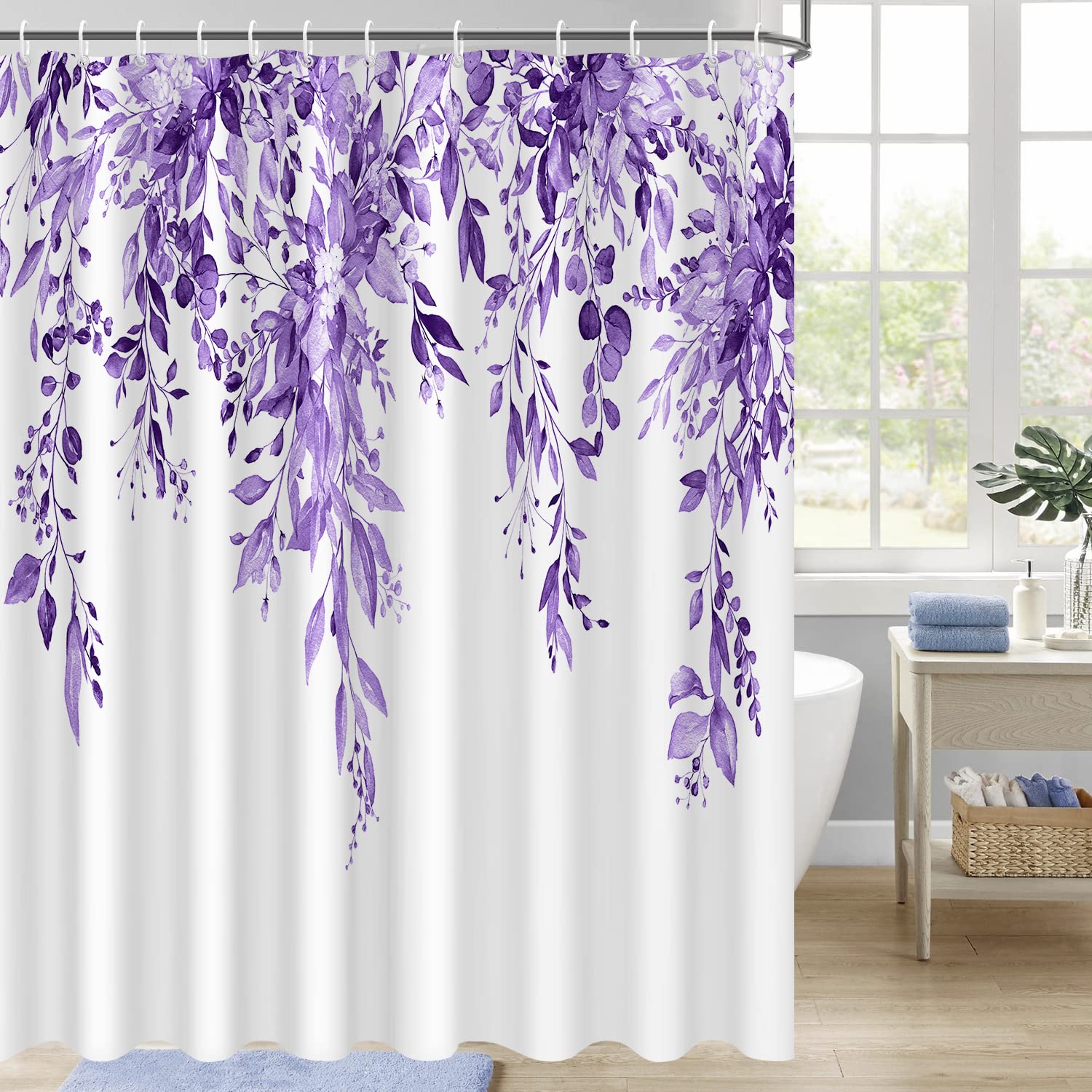 Nuseiis Purple Eucalyptus Shower Curtain  Watercolor Plant Leaves Shower Curtain with 12 Hooks  Decorative Botanical Shower Curtain 72 x 72 Inch