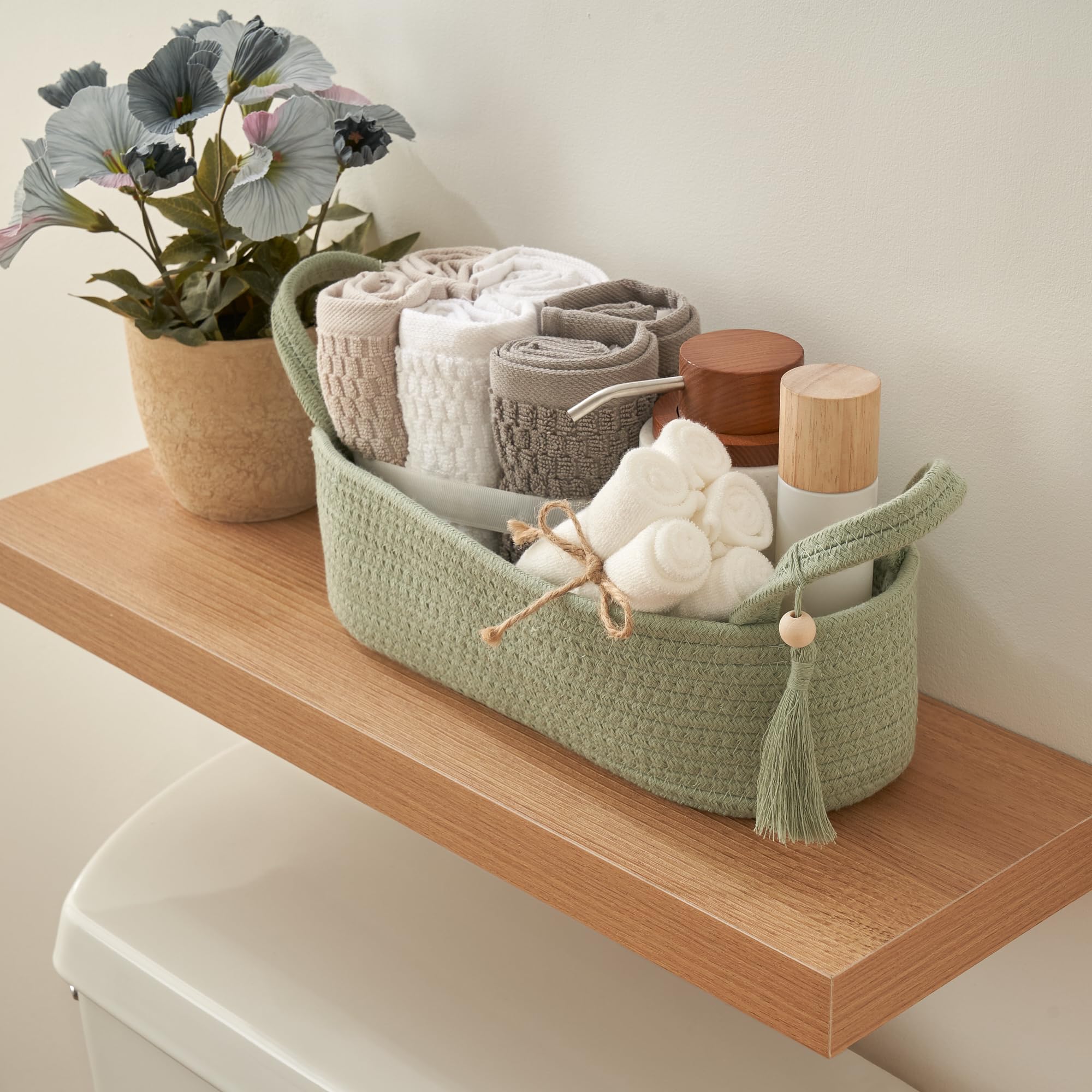 Decorative Toilet Paper Basket - Beautiful Bathroom Organizer for Toilet Tank Storage Decor - Boho Cotton Rope Bin with Tassel f