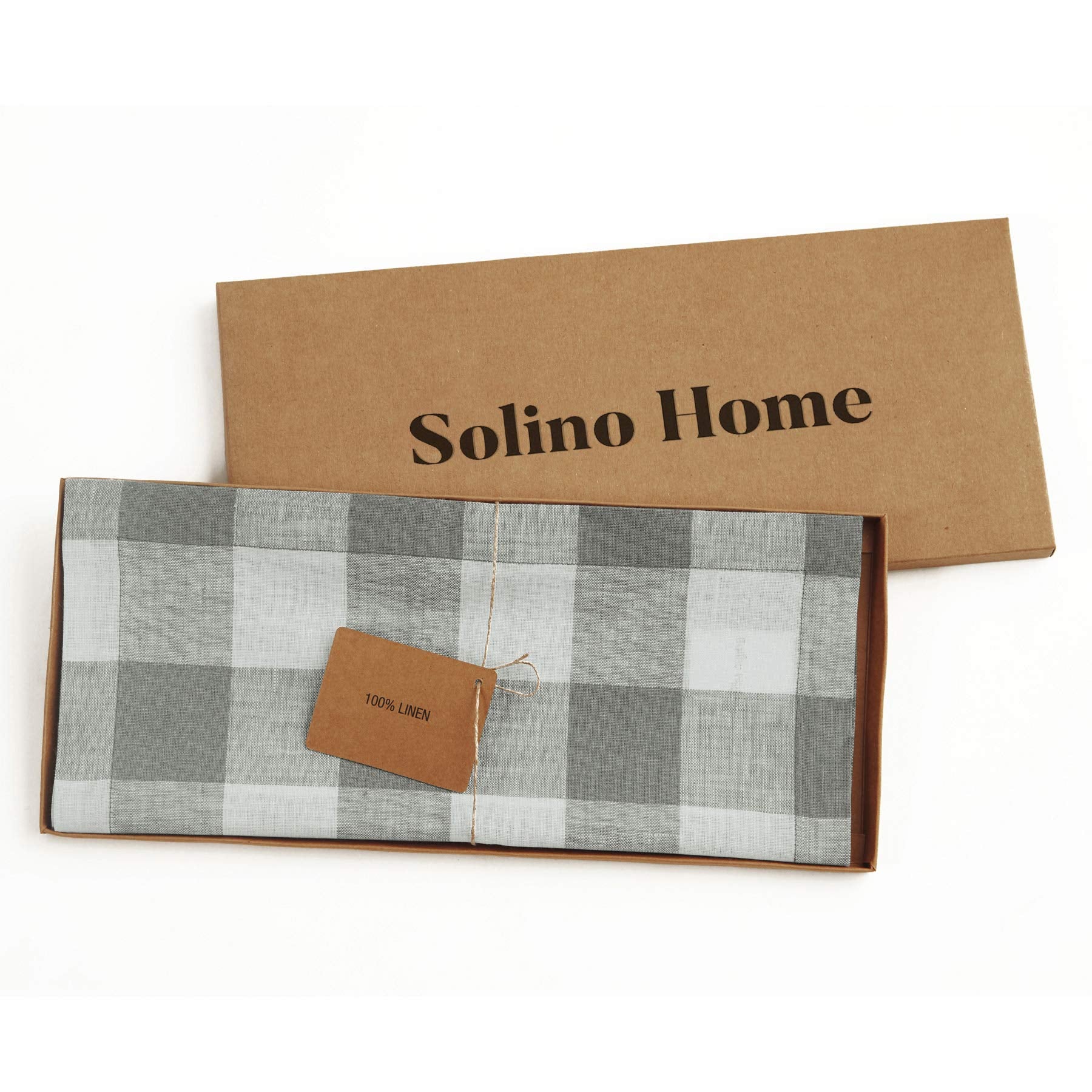 Solino Home Buffalo Check Linen Table Runner 132 Inches Long - 100% Pure Linen Grey And White Plaid Table Runner 14 X 132 Inch I