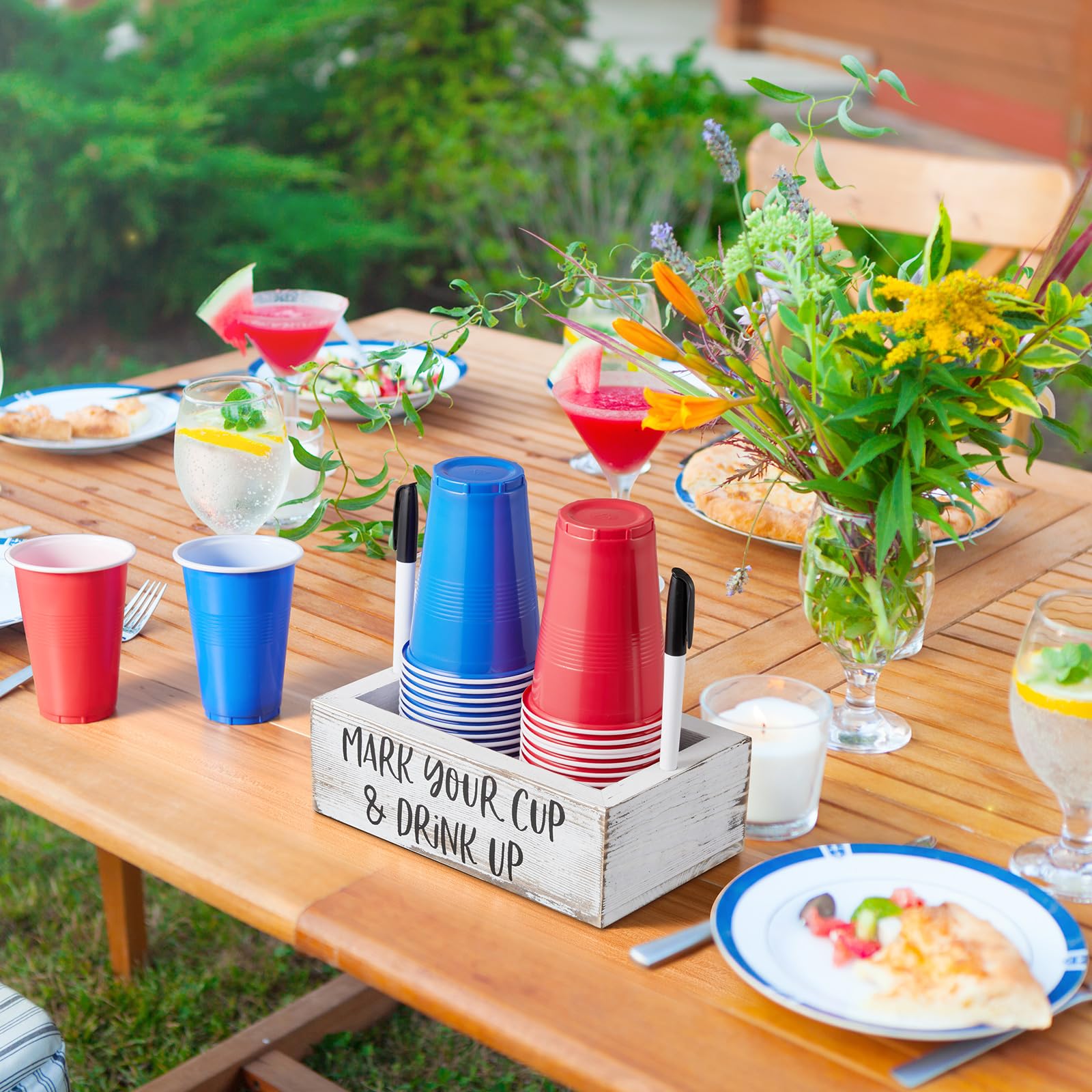 Drastar Double Disposable Cup Holder With Marker Slot, Retro White Wood Cup Organizer, Mark Your Cup And Drink Up Caddy, Plastic