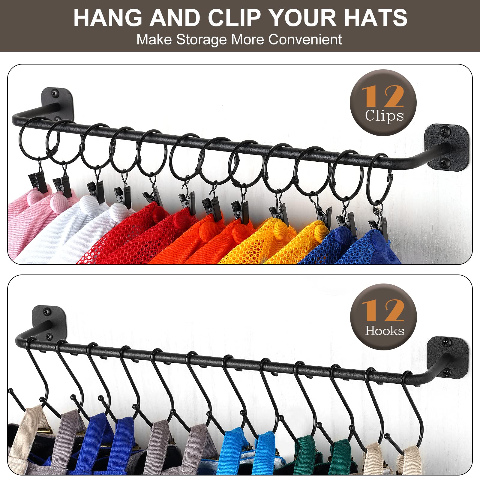 HYDERMUS Hat Rack for Wall 24 Baseball Caps  Modern Metal Hat Hook with 12 Clips and 12 Hooks Hat Holder Wall-Mounted Hat Hook Storage Display for Closet Bedroom Entryway Laundry  2 Pack Black