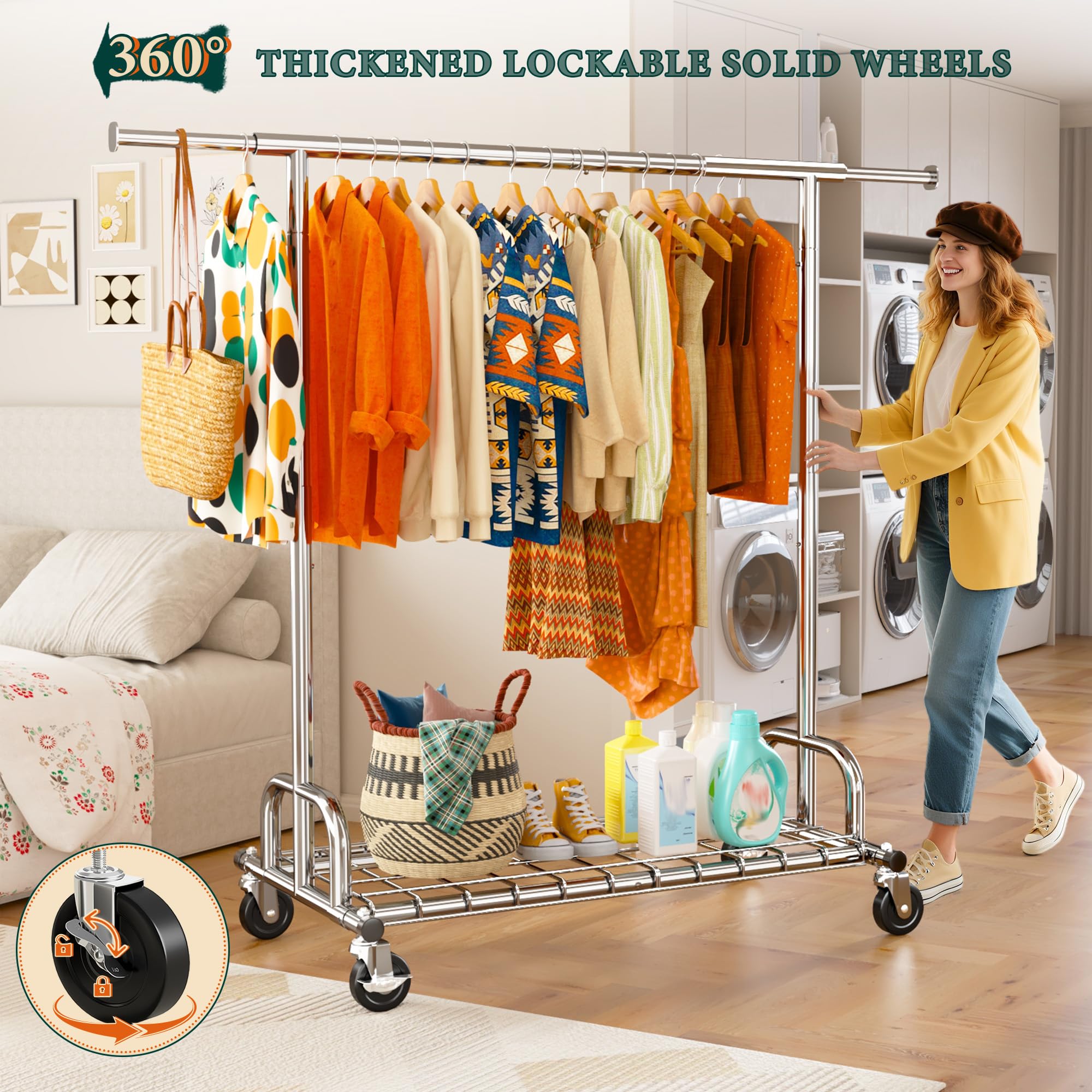 Raybee Clothes Rack Heavy Duty Clothing Rack Load 485LBS Commercial Grament Rack Heavy Duty Rolling Clothes Racks for Hanging Clothes Rack  Collapsible & Portable Clothing Rack with Wheels