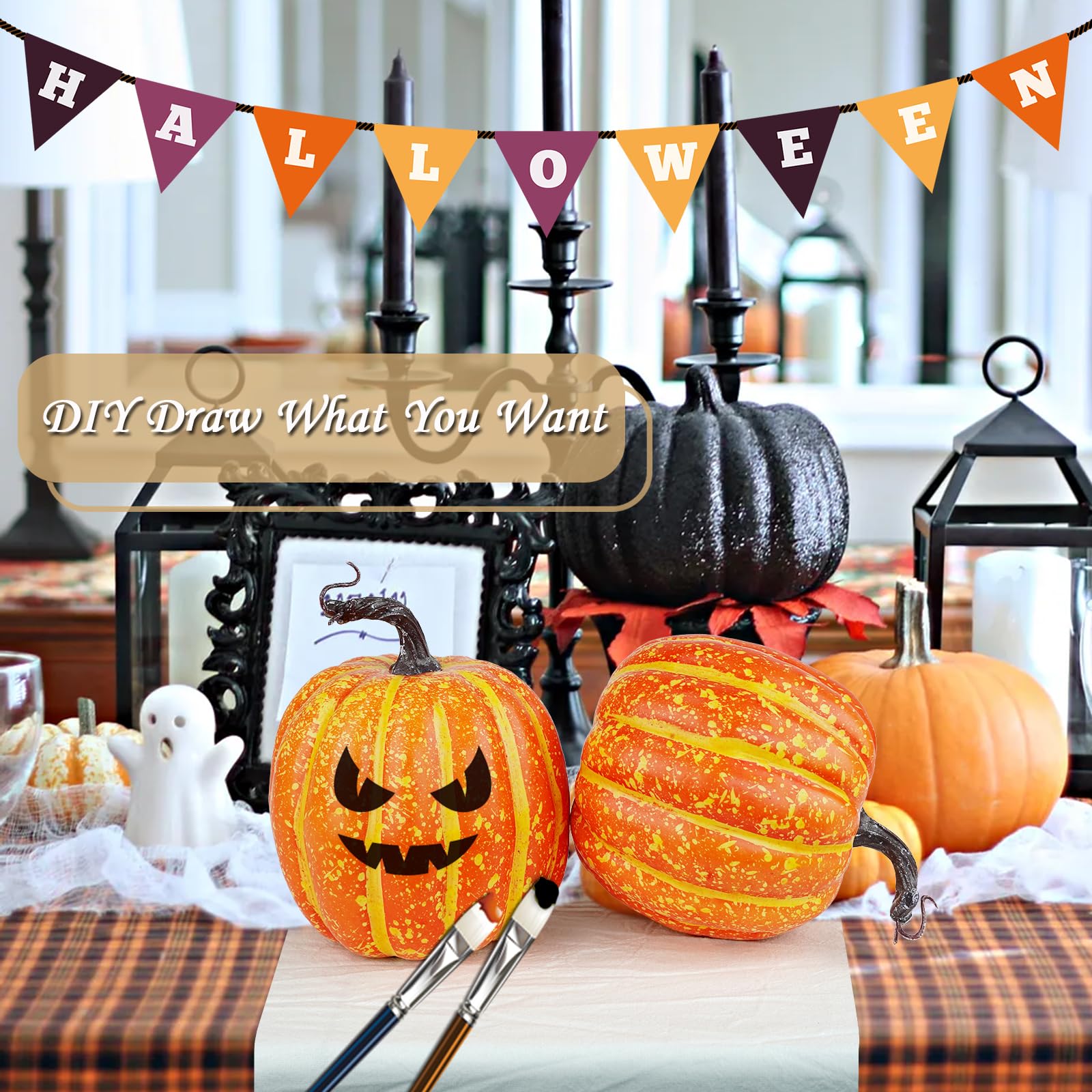 Artmag 6 Inch Large Artificial Pumpkins, 4PCS Big Orange Drawing Line Faux Foam Harvest Pumpkins for Fall Thanksgiving Holiday D
