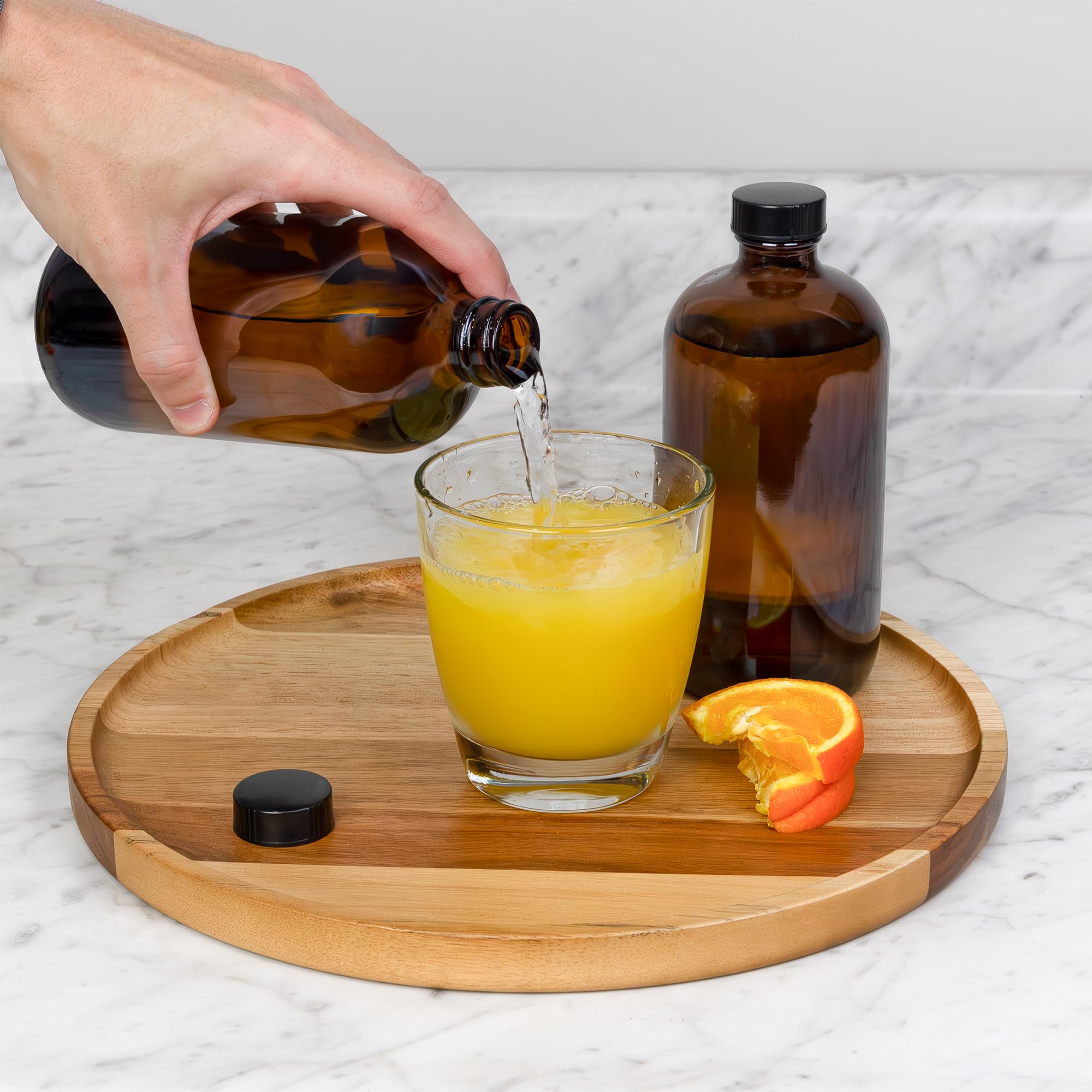 Cornucopia 16oz Amber Glass Bottles with Reusable Chalk Labels and Lids (2 Pack)  Refillable Brown Boston Round Bottles  with Black 28-400 Caps