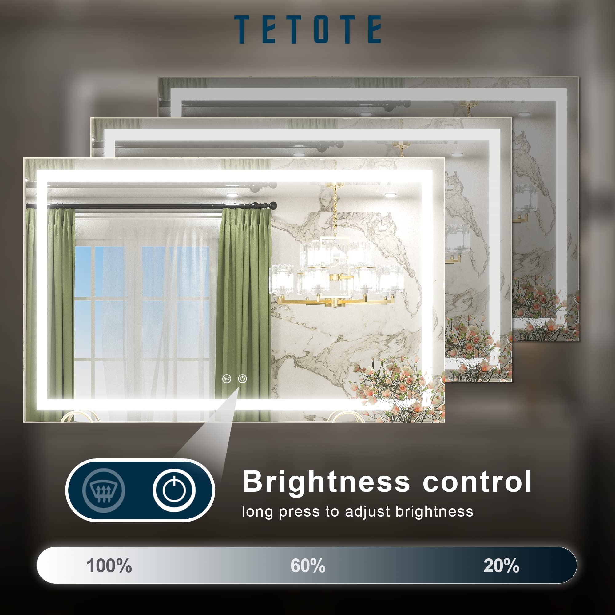 Tetote 48 X 30 Bathroom Led Mirror With Lights,Dimmable Vanity Mirror,Anti-Fog Lighted Mirror Wall Mounted Master Bath Mirror Mo