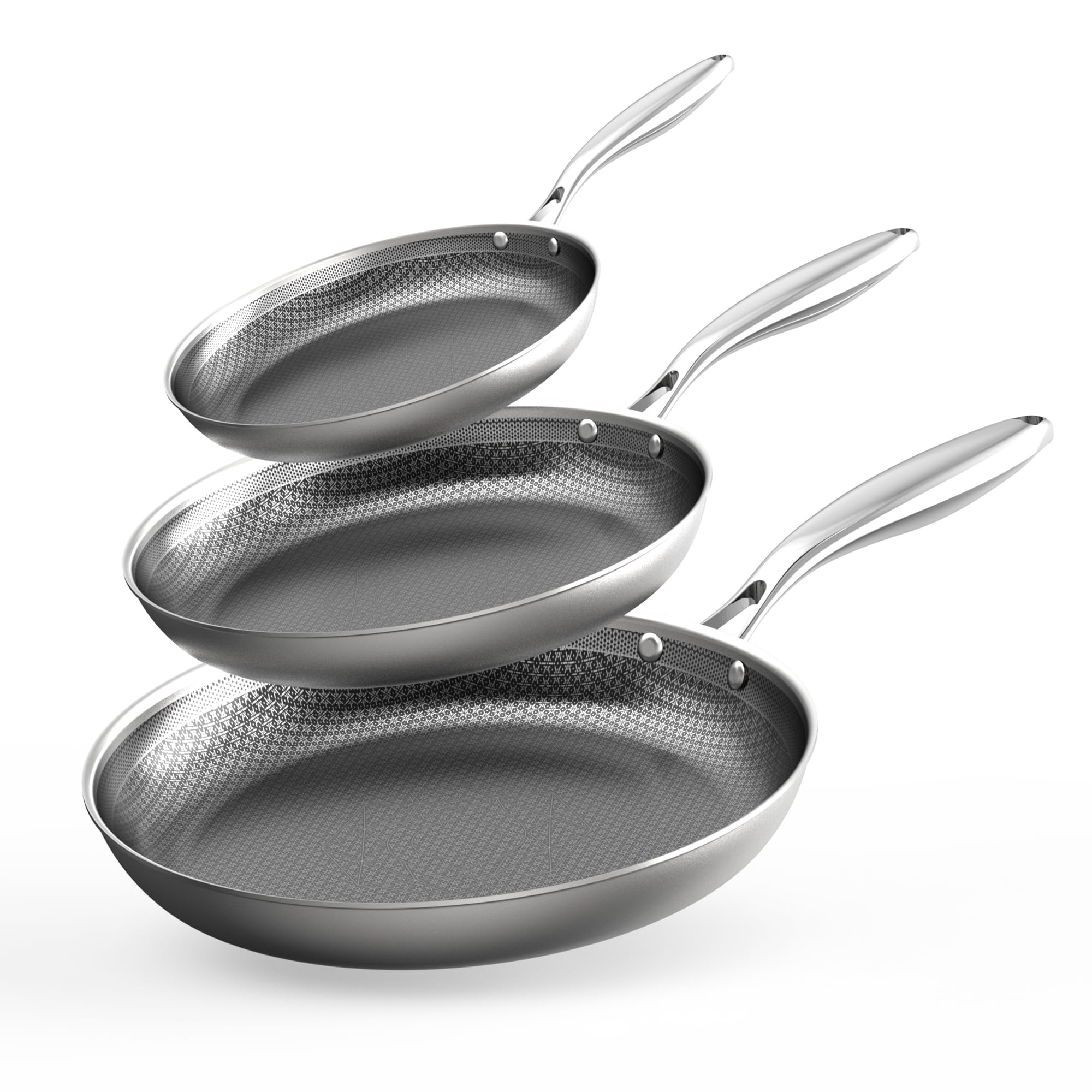 COOKER KING Stainless Steel Pans Set of 3 (8+10+12 Inch), Nonstick Frying Pans, Induction Pan Set, Chefs Pan, Skillets Dishwash
