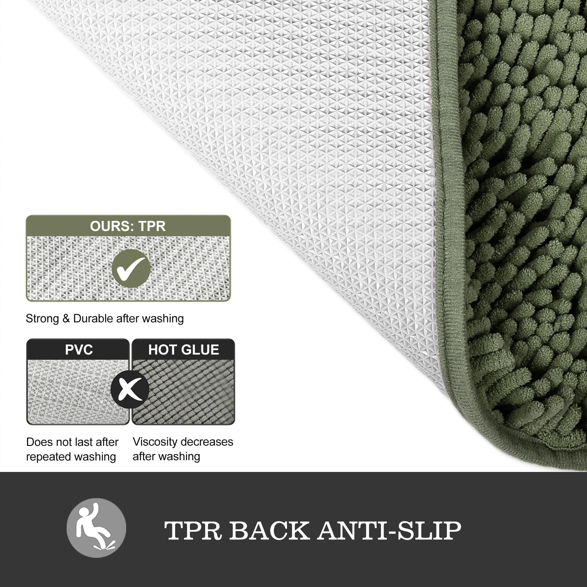 Yeaban Olive Green Bathroom Rugs - Thick Chenille Bath Mats | Absorbent And Washable Bath Rug Non-Slip, Plush And Soft Rugs For