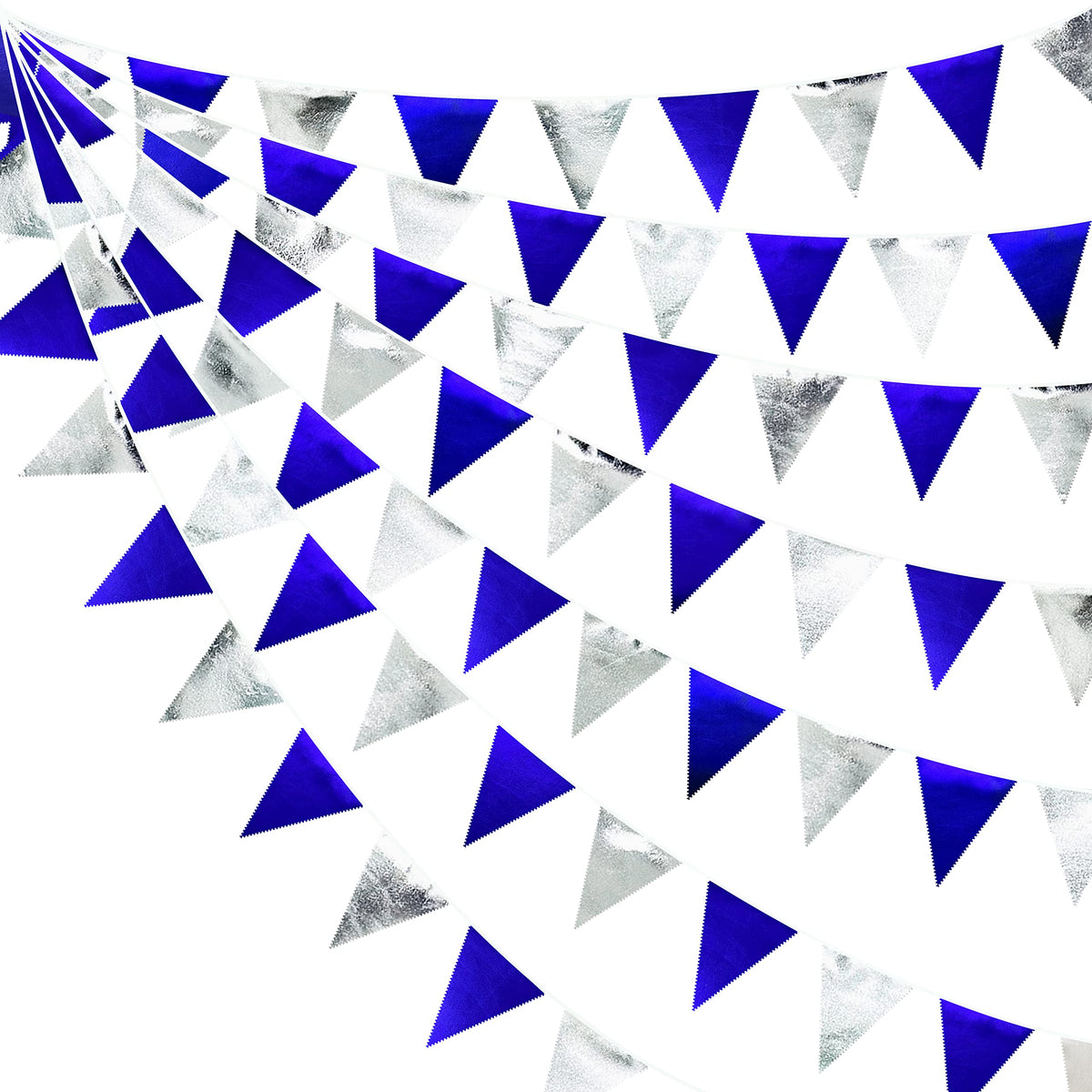 Royal Blue Silver Party Decorations Navy Blue Triangle Pennant Banner Flag Metallic Fabric Bunting Garland For Birthday Graduati