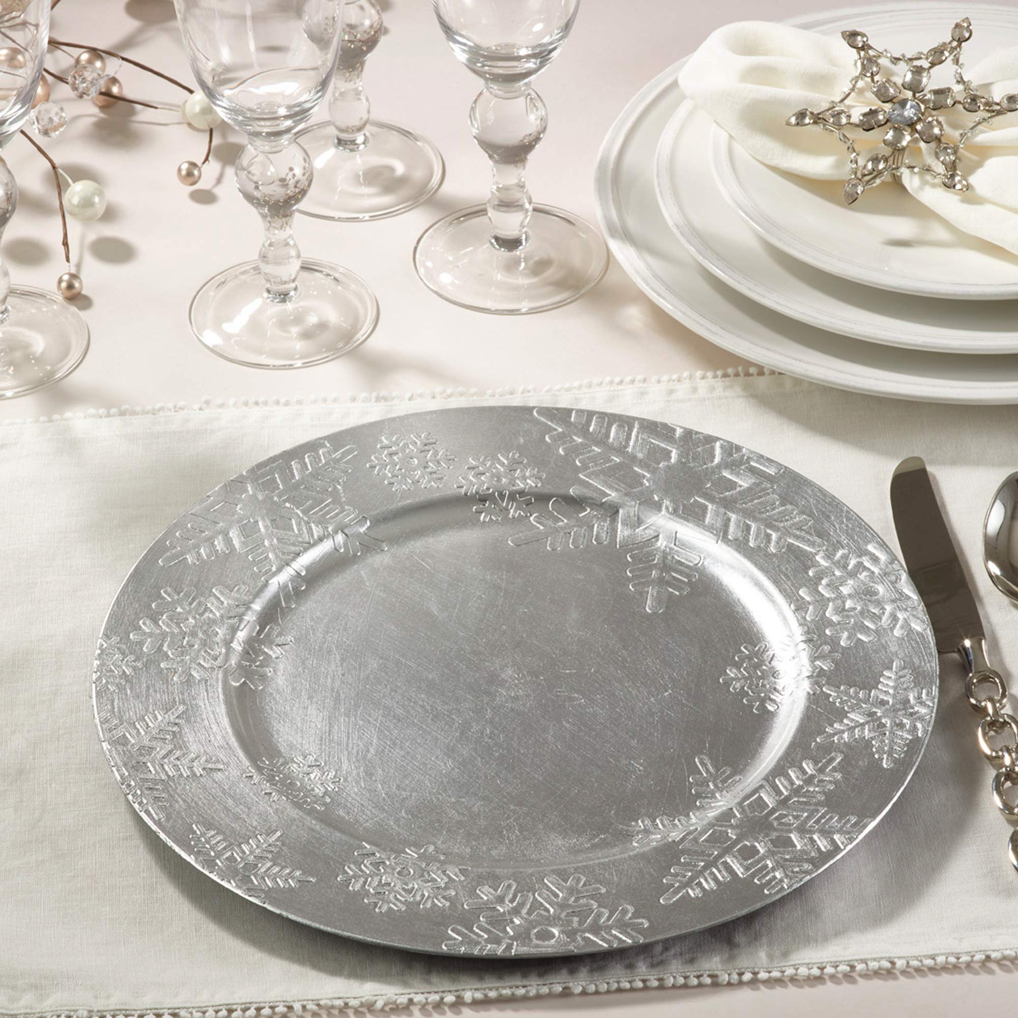 Saro Lifestyle Ch332.S13R Sousplat Collection Snowflake Design Christmas Charger Plate, Silver, 13''