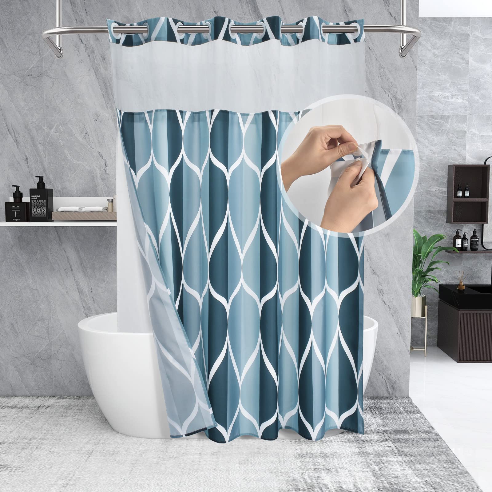 Yiatn No Hook Aegean Blue Shower Curtain With Snap In Fabric Liner Set - Hotel Style With See Through Mesh Top Window, Modern Ge