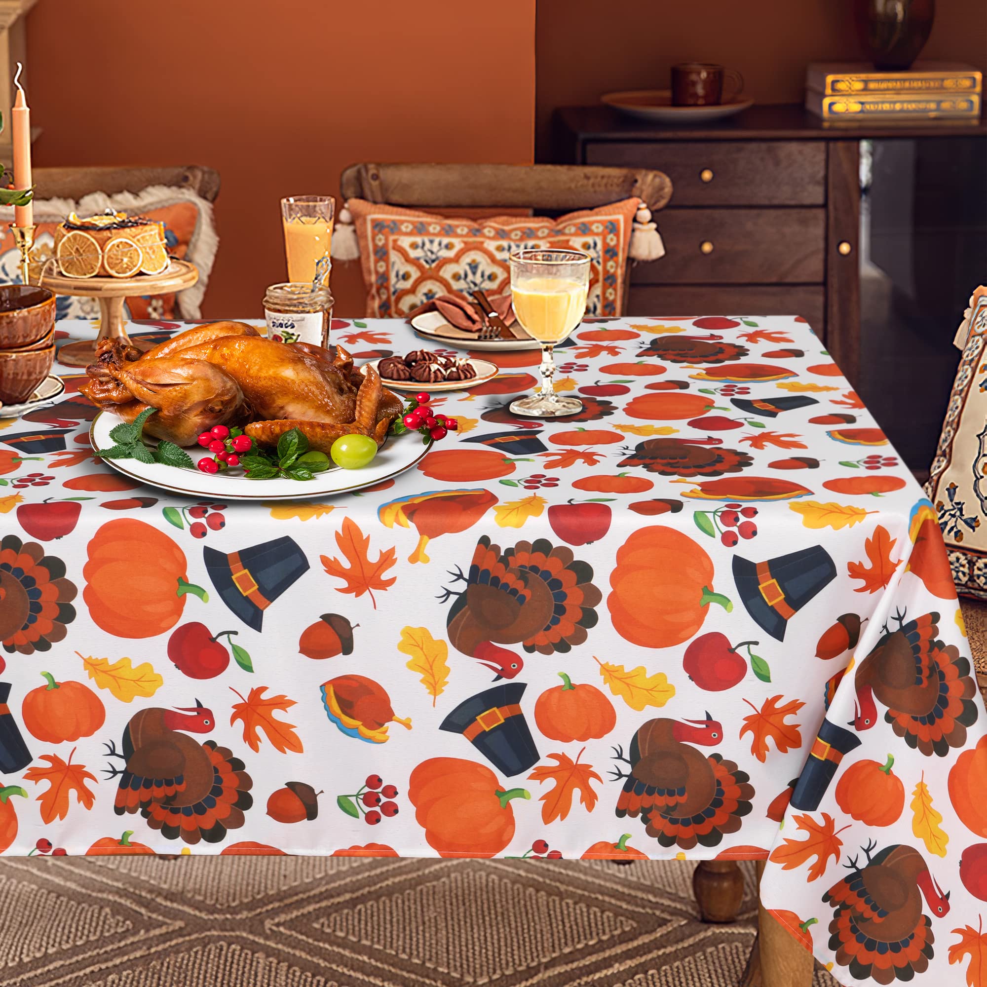 LUSHVIDA Rectangle Fall Tablecloth 60x84 inch Pumpkins & Turkeys- Washable Wrinkle Resistant Thanksgiving Tablecloth for Fall/Ha