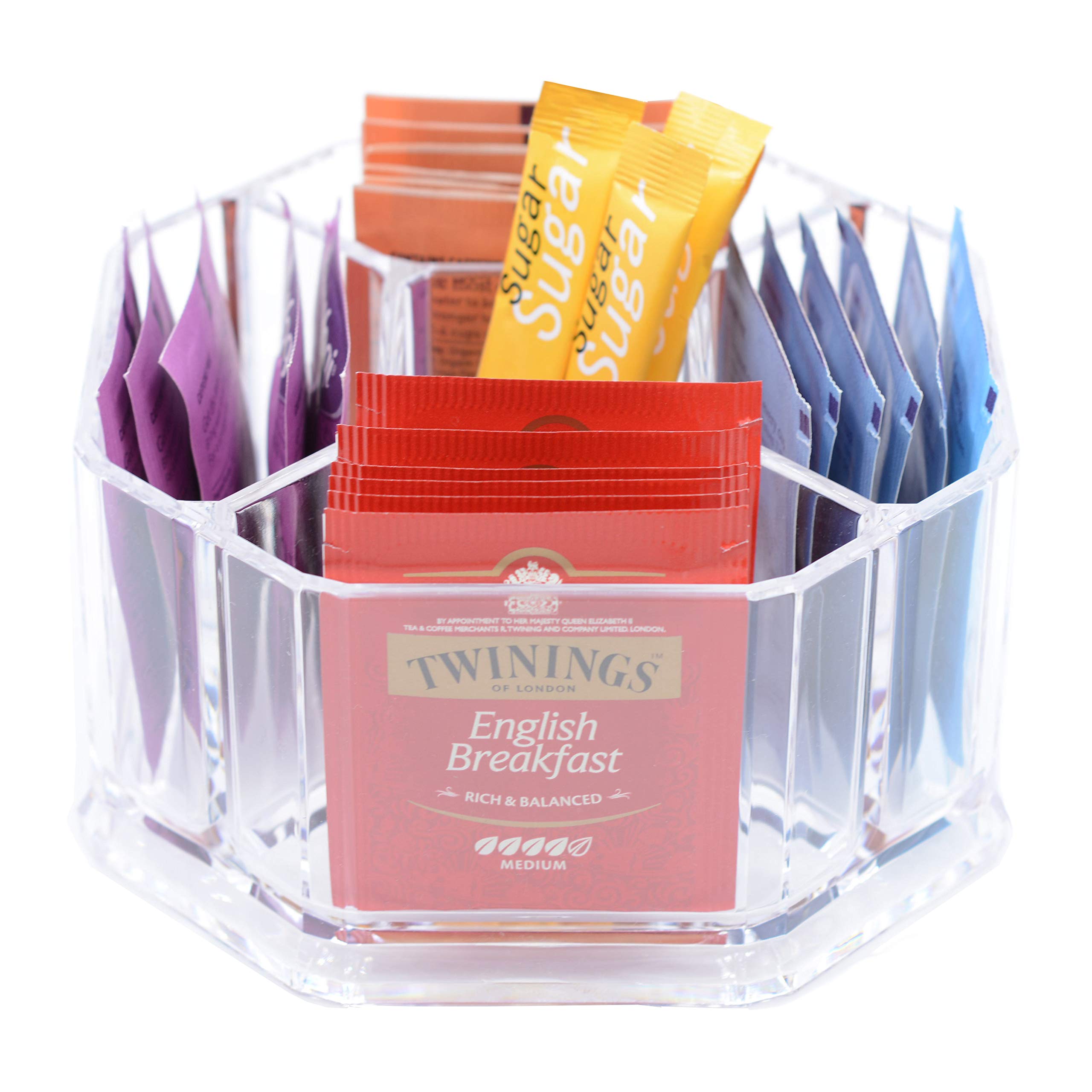 Oak Savanna Tea Organizer - Clear Acrylic Tea Bag & Sugar Packet Holder for Pantry, Cabinet, Countertop & Coffee Station