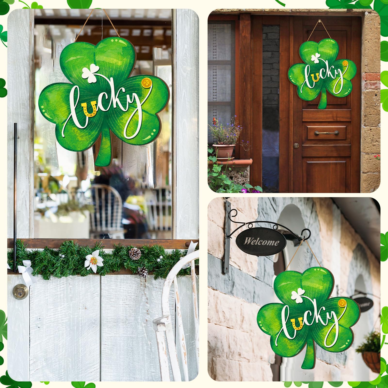 Boao St. Patrick s Day Shamrock Door Hanger Welcome Wooden Hanging Sign Lucky Irish Wood Wreath Decor for Happy St. Patrick s Da