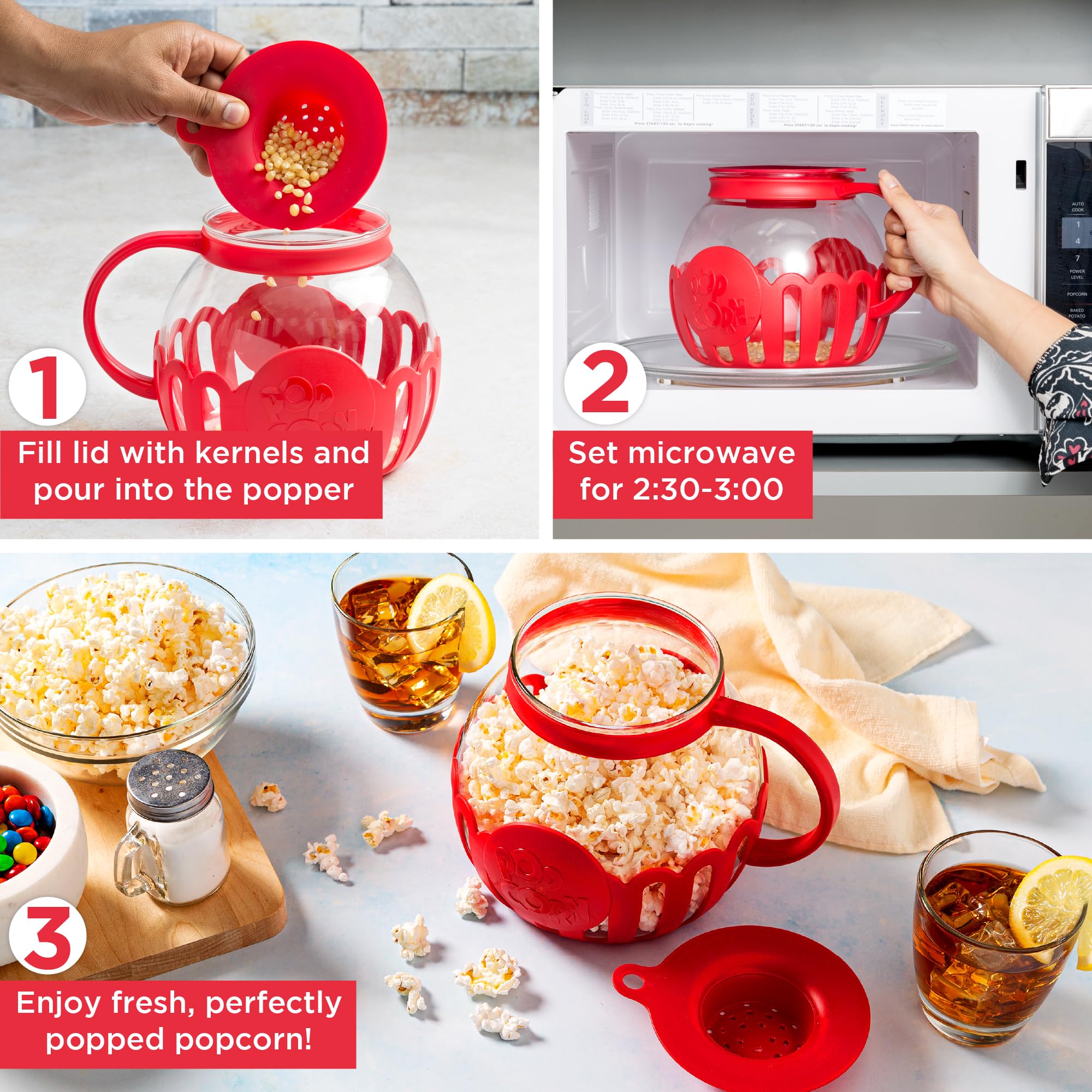 Ecolution Patented Micro-Pop Microwave Popcorn Popper With Temperature Safe Glass, 3-In-1 Lid Measures Kernels And Melts Butter,