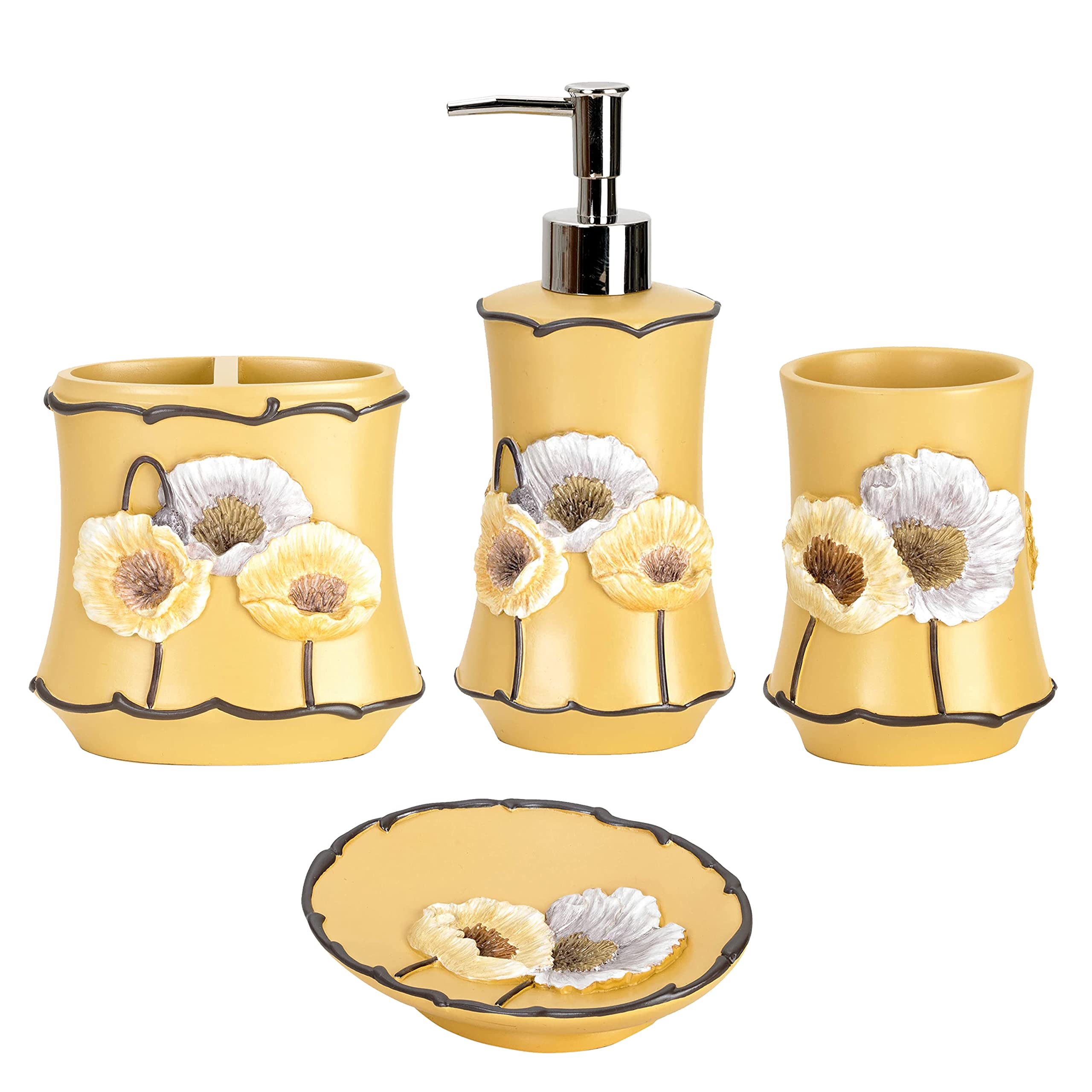 Zahari Home 4Pc Poppy Fields Yellow Bathroom Accessories Set Hand Soap Dispenser, Tumbler, Tooth Brush Holder And Soap Dish Mode