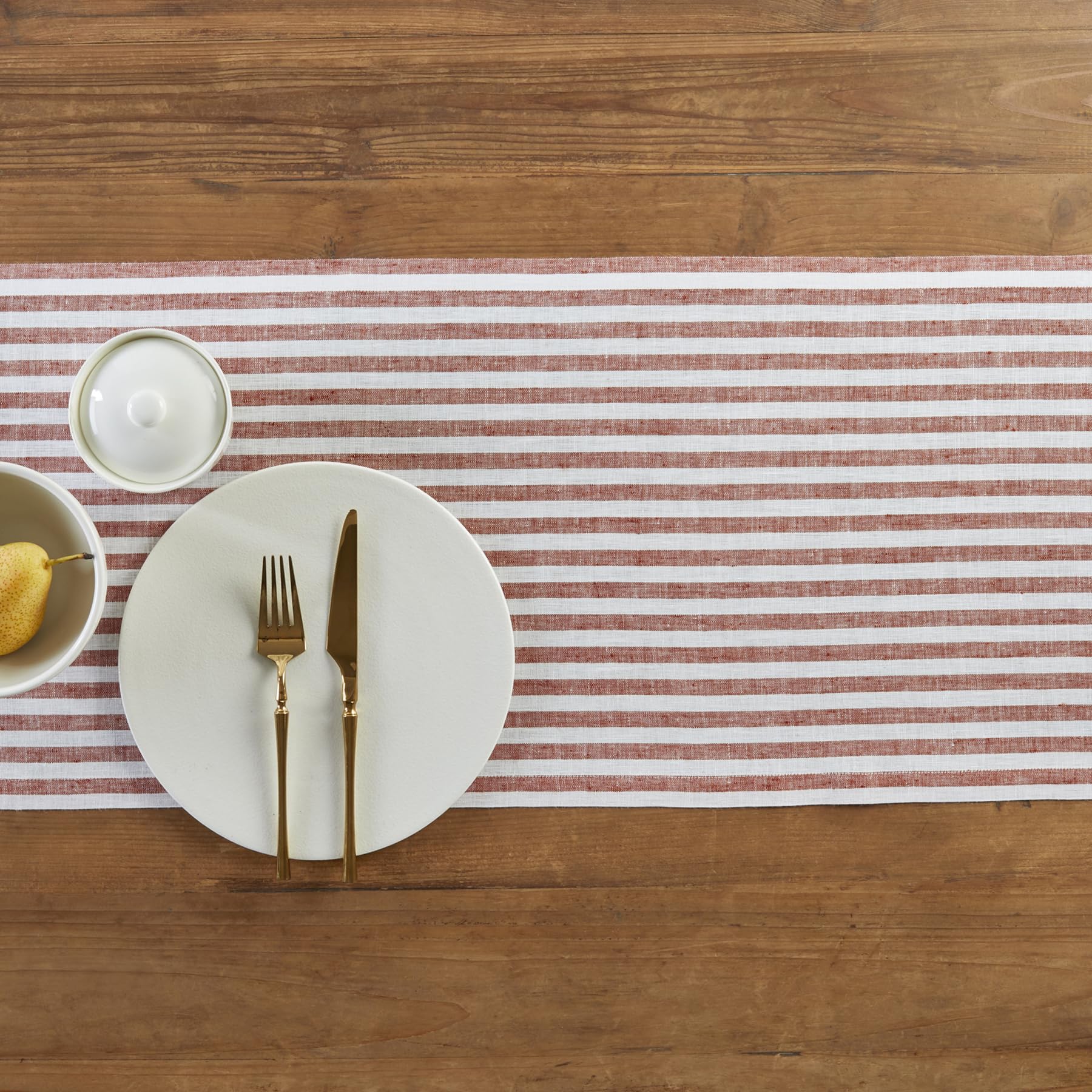 Solino Home Stripe Linen Table Runner 36 Inch - 100% Pure Linen Cinnamon And White Short Table Runner 14 X 36 Inch Ideal For Dre