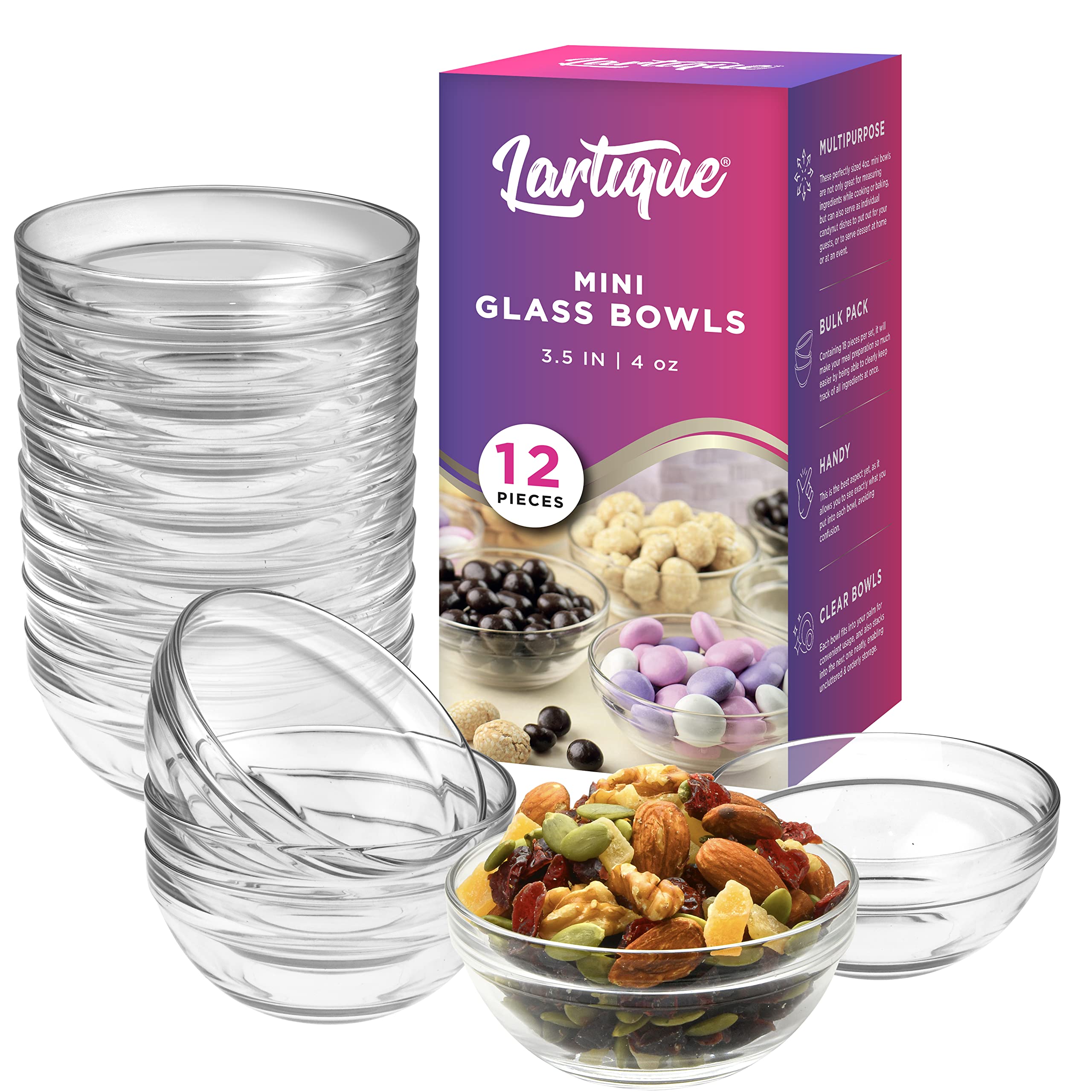 Lartique Mini 3.5 Inch Small Glass Bowls - Small Bowls Perfect for Prep  Dips  Nuts  or Candy - Meal Prep Bowls or Dessert Bowls  Set of 12
