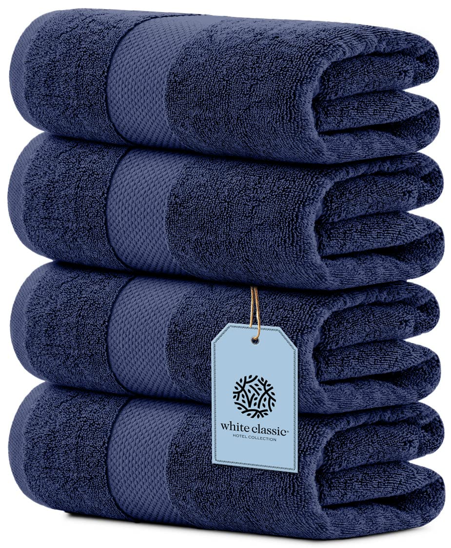 White Classic Luxury Bath Towels Large - Cotton Hotel spa Bathroom Towel 30x56  4 Pack  Navy Blue