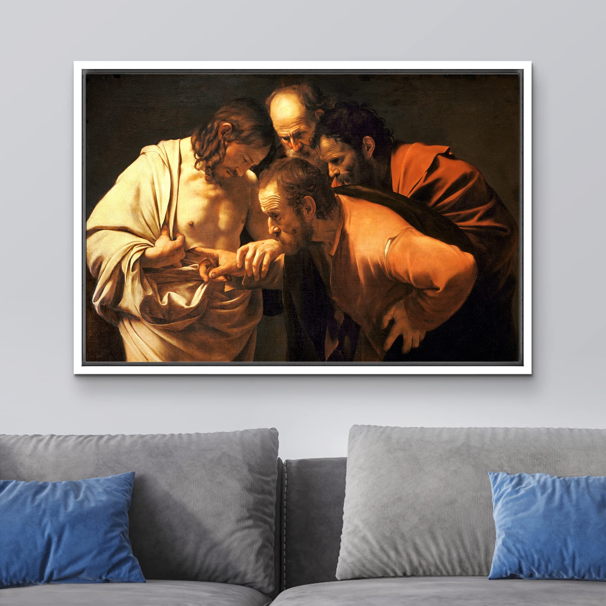 Wall26 - The Incredulity Of Saint Thomas By Caravaggio - Framed Canvas Print Wall Art Famous Painting Reproduction - 24''X36'' W