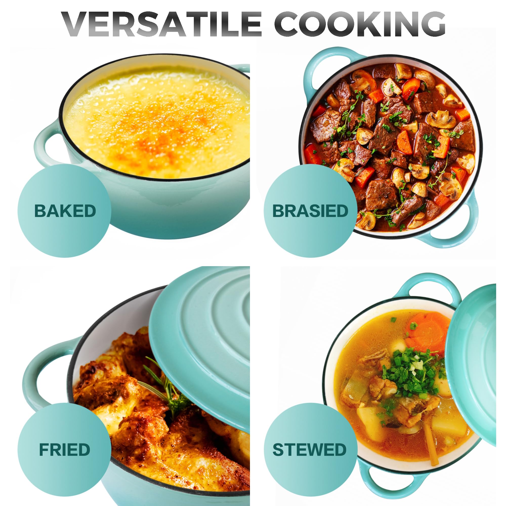 Trustmade 3 Qt Cast Iron Dutch Oven, Enamel Coated Cookware Pot With Self Basting Lid For Home Baking, Braiser, Cooking, Aqua