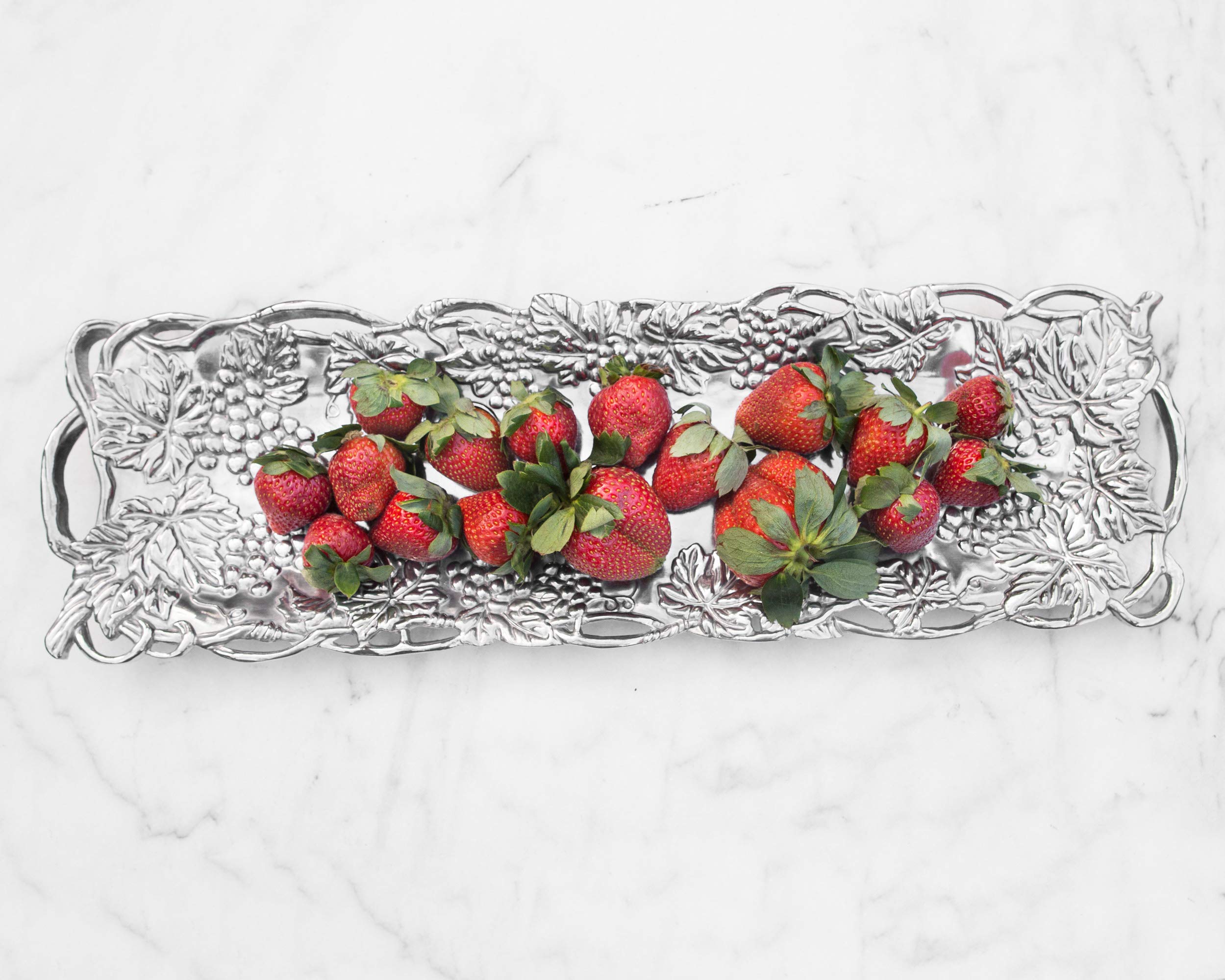 Arthur Court Metal Oblong Serving Tray Grape Pattern Sand Casted In Aluminum With Artisan Quality Hand Polished Designs Tarnish