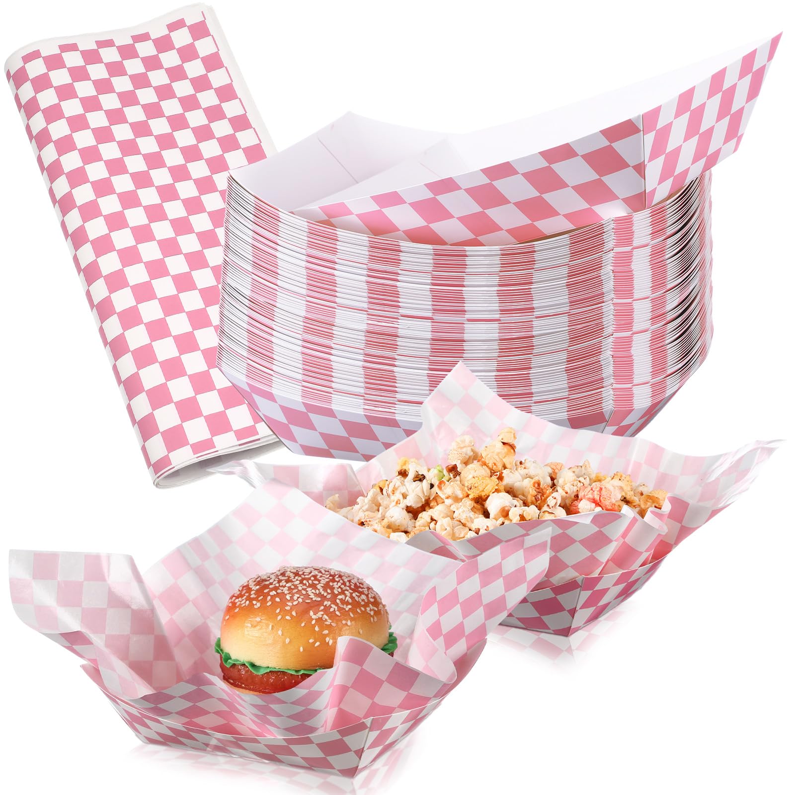 Geosar 100 Pcs Gingham Party Supplies Disposable Paper Food Trays Bulk Disposable Food Boat with Checkered Wax Paper Sheet Check