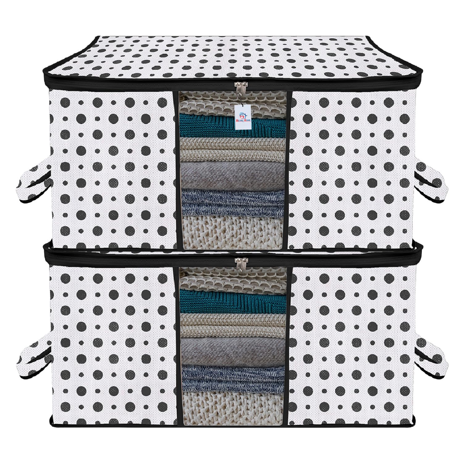 Heart Home Underbed Storage Bag|NonWoven Polka Dot Print Blanket Cover|Razai Cover|Duvet Cover Transparent Window & Handle|Larg
