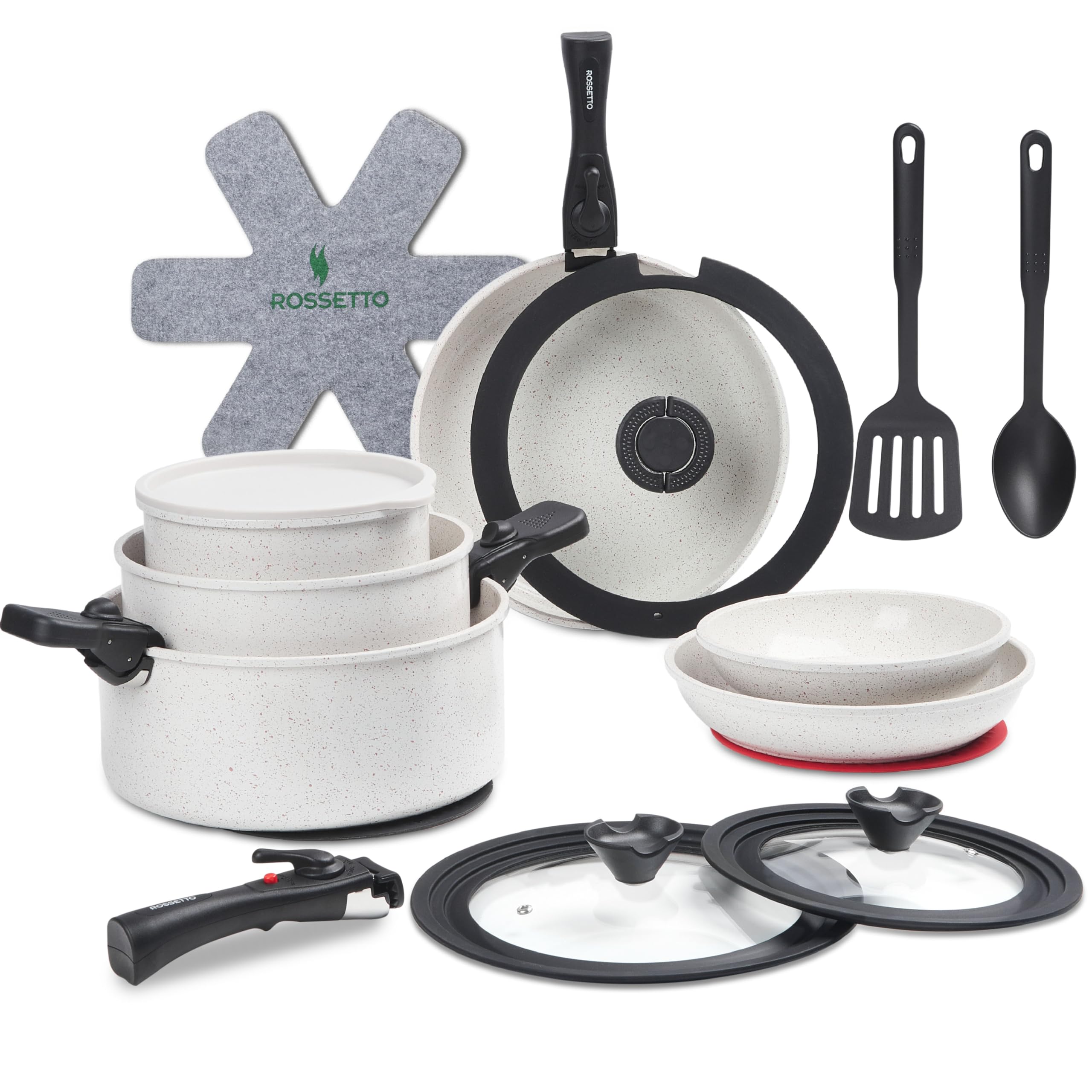 23 Pcs Nonstick Pots and Pans Set with 4 Detachable Handle, Ceramic Cookware Set Non Toxic, Induction Dishwasher Oven Safe Cookw