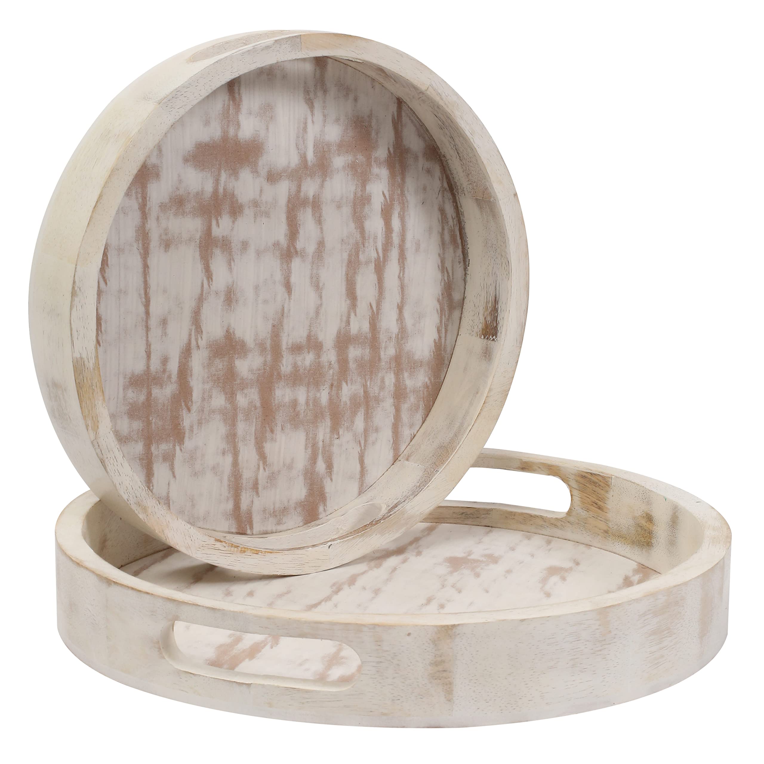 Winlay Decorative Coffee Table Tray, Set Of 2 White, Wooden Round Serving Tray For Living Room, Wood Ottoman Or Side Table, Char