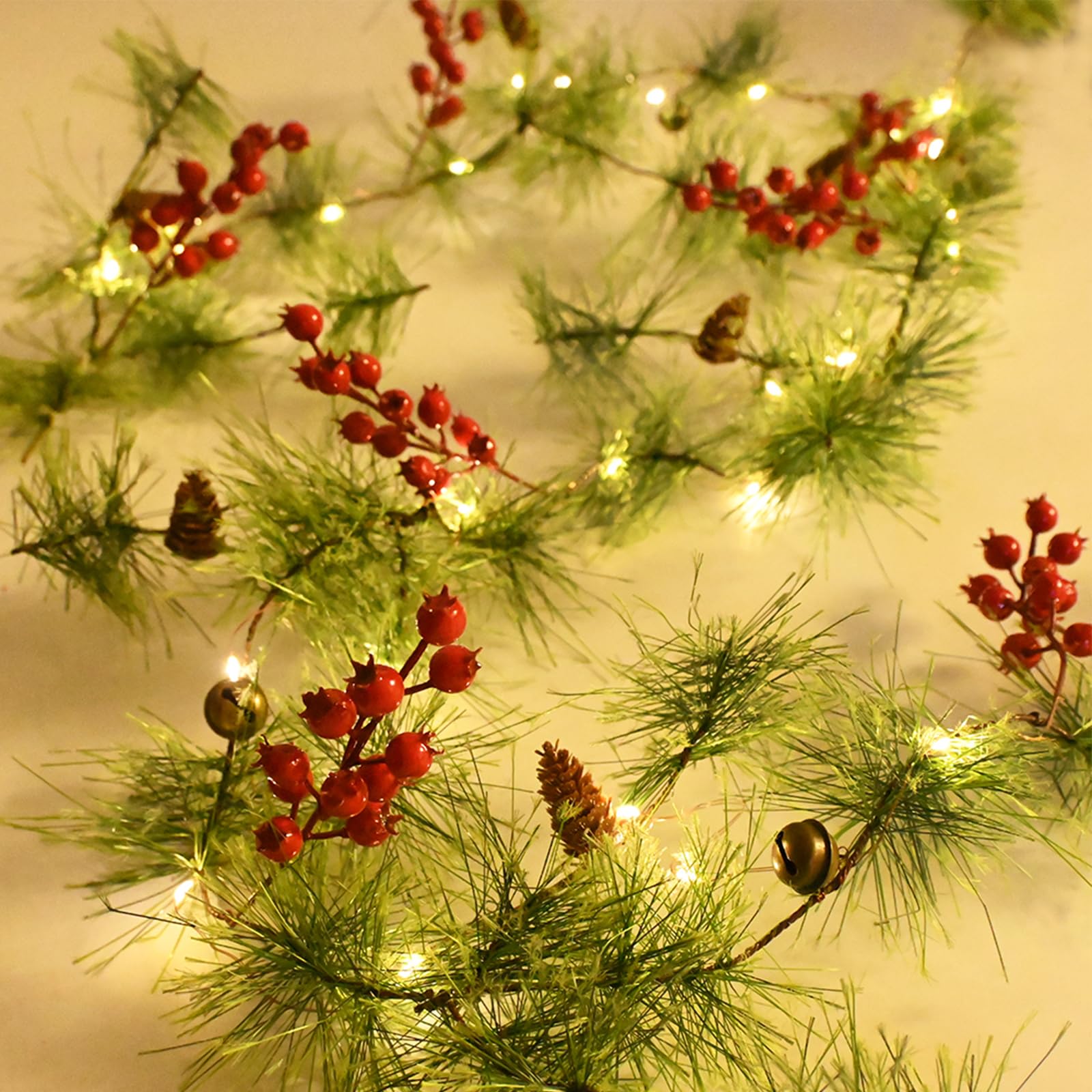 HamiFinee Christmas Garland with LED Fairy Lights Battery Operated Smokey Pine Garlands with 8 Flash Modes and Timer Red Berries