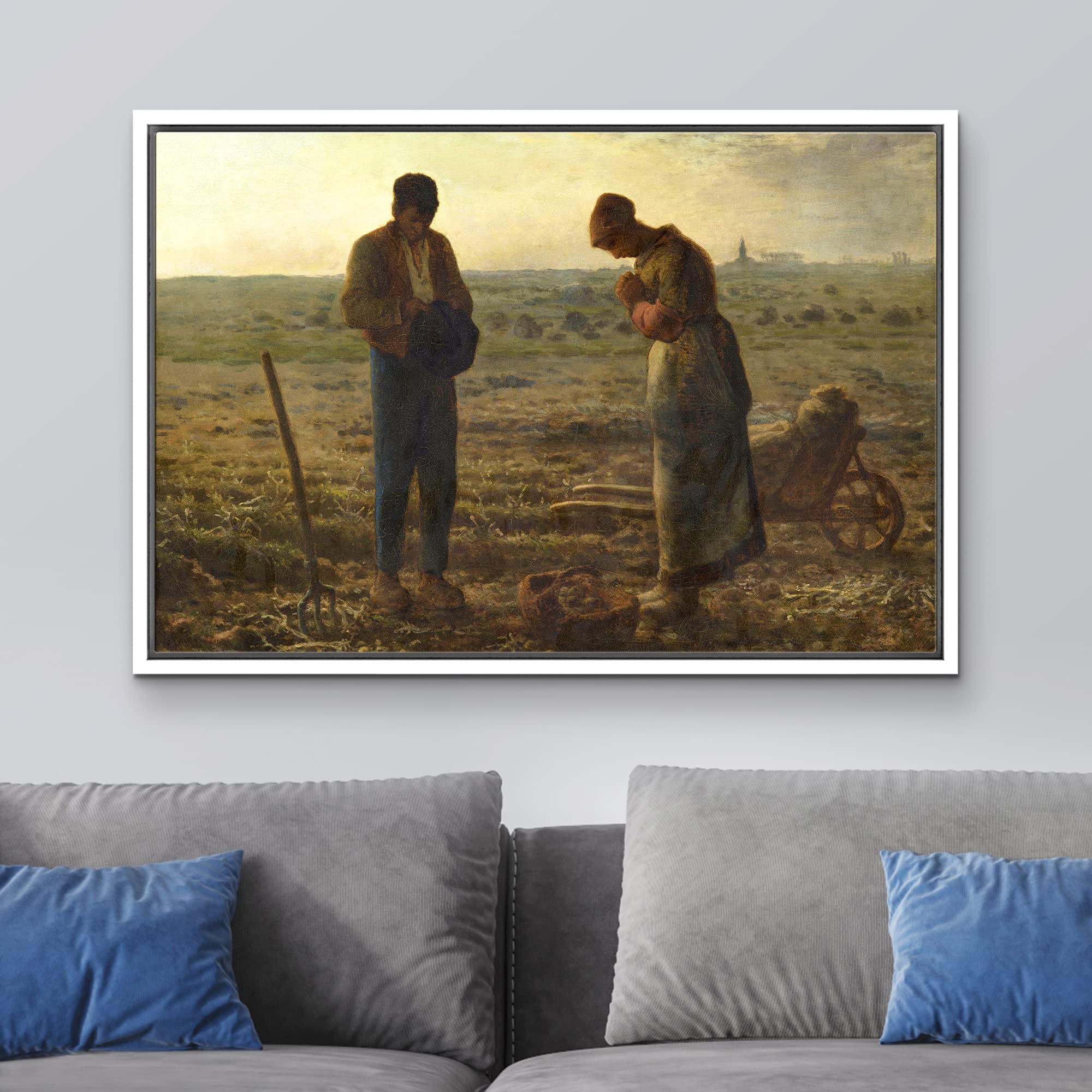 Wall26 - The Angelus By Jean-Francois Millet - Framed Canvas Print Wall Art Famous Painting Reproduction - 24''X36'' White