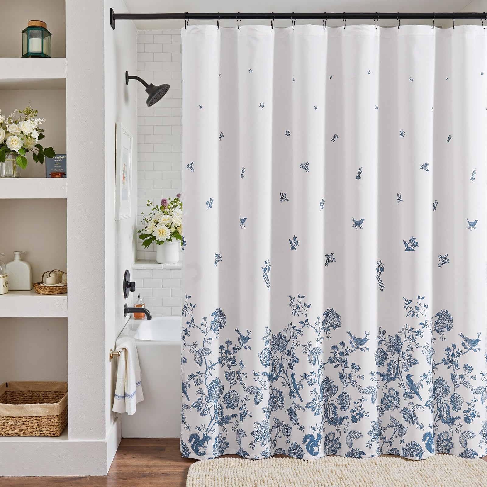 jinchan Floral Bird Shower Curtain Light Blue and White Flower Waterproof Washable Floral Print Fabric Shower Curtain for Bathro