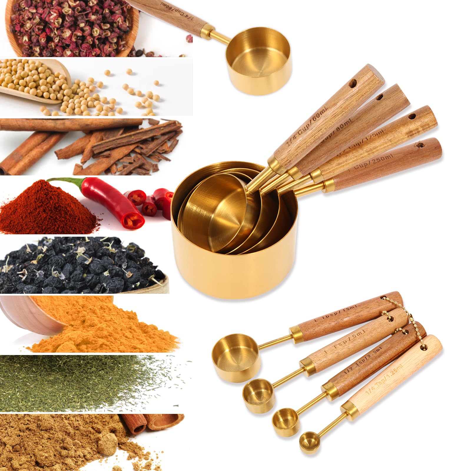 Gold Measuring Cups And Spoons Set With Fragrant Wood Handles, Premium Stainless Steel Measuring Spoons And Measuring Cups Set,