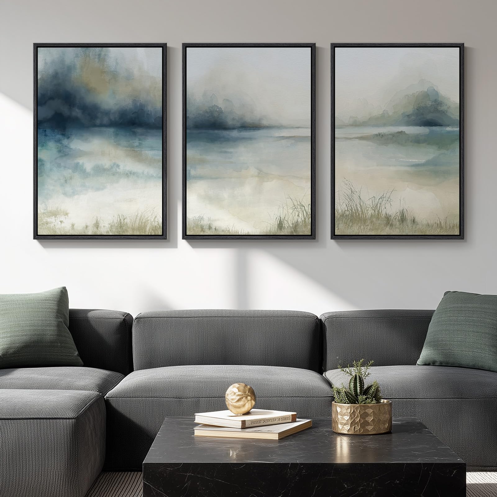 Large Framed Abstract Landscape Wall Art, 3 Piece Blue Watercolor Canvas Prints Paintings Artwork For Walls, Misty Lake Mountain