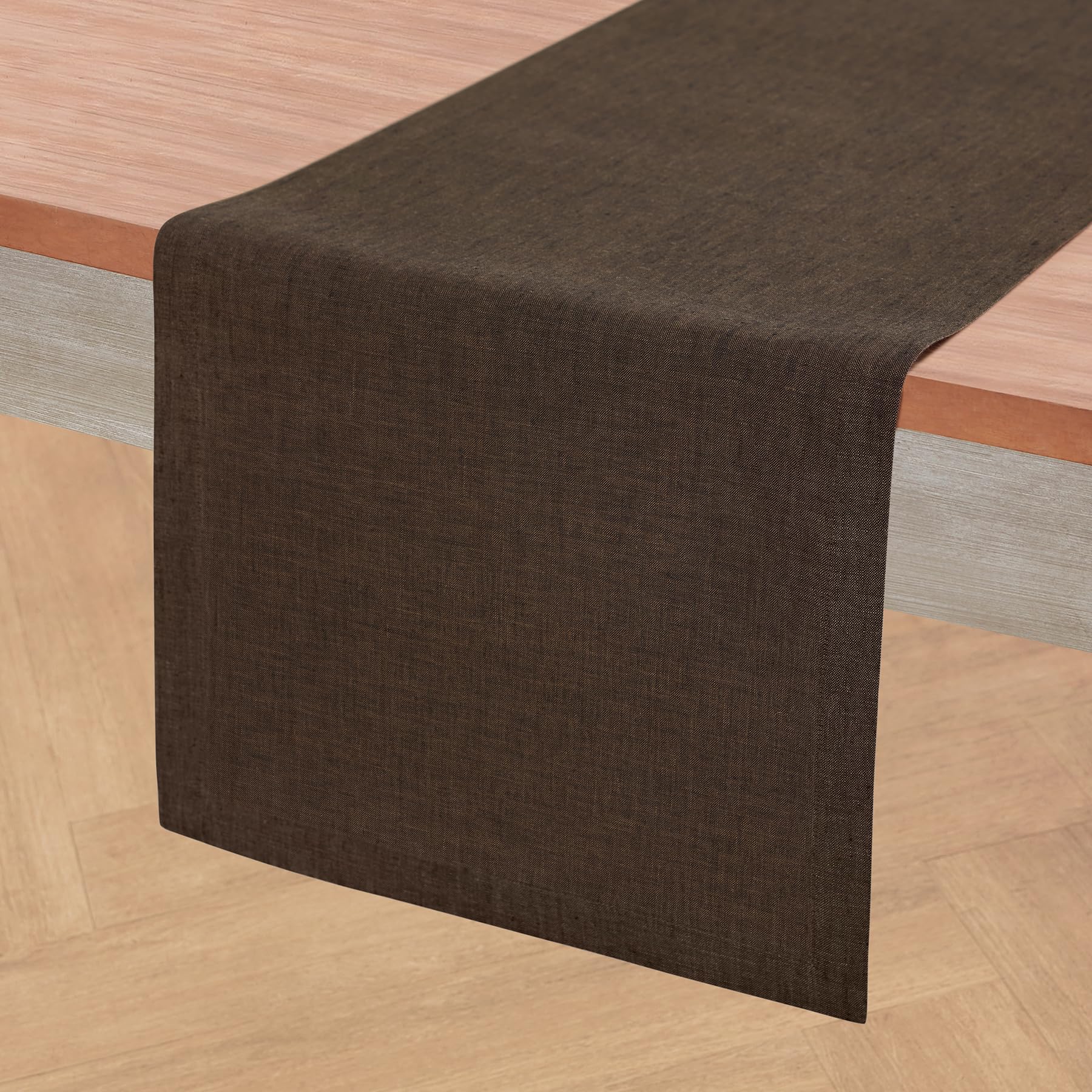 Solino Home Linen Chambray Brown Table Runner 144 Inches Long - Athena, 100% Pure Linen Dining Table Runner 14 x 144 Inch for Fa