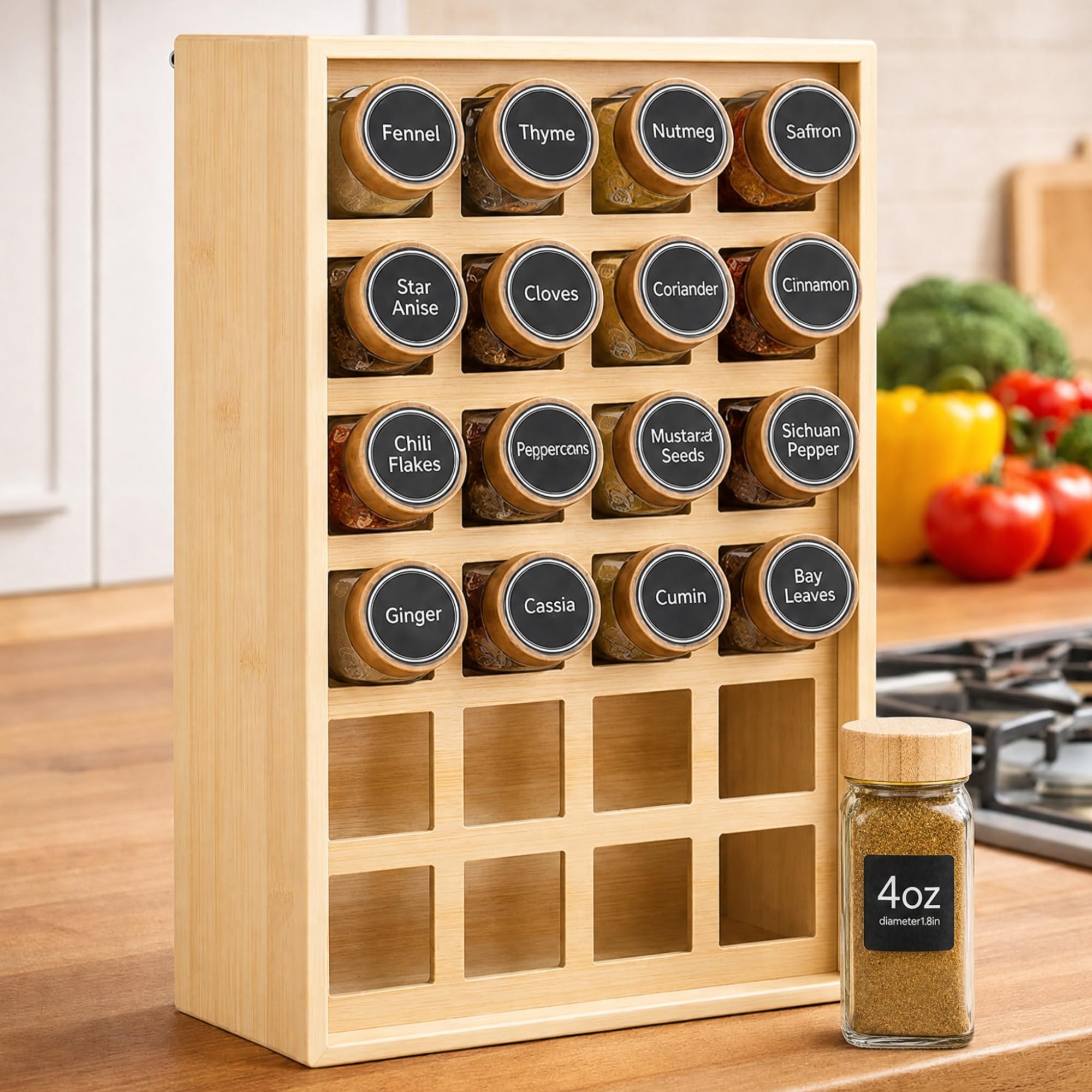Novabright 24 Grids Bamboo Spice Organizer Wall Mount, Jars Not Included
