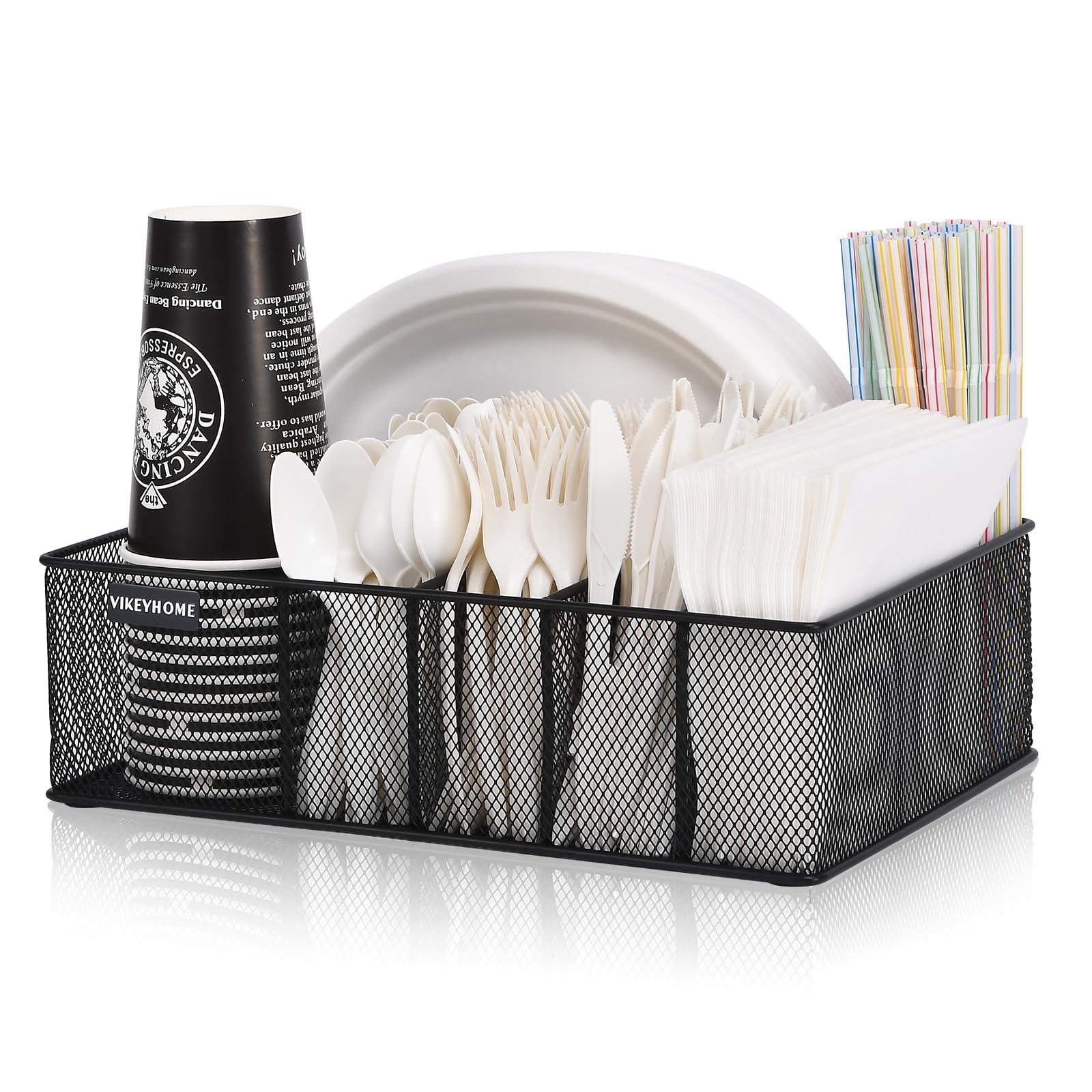 VIKEYHOME Paper Plate Organizer for Countertop, Metal Silverware Caddy with 6 Compartments for Cup, Napkin, Utensil Holder Caddy