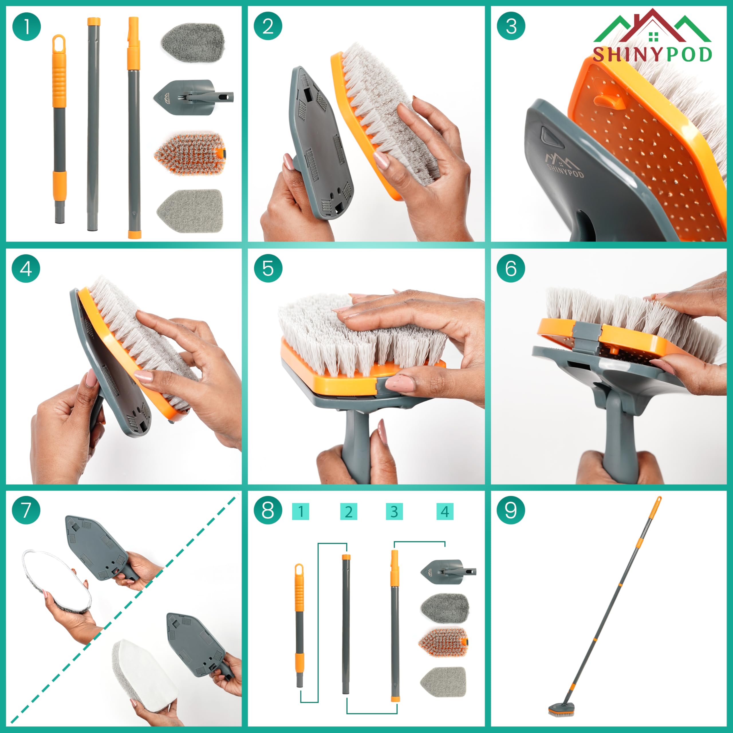 Shinypod Floor Cleaning Brush With Long Handle, Combo Of Microfiber & Scrubbing Pads For Bathroom Tiles, Glass Windows  Wall Cle
