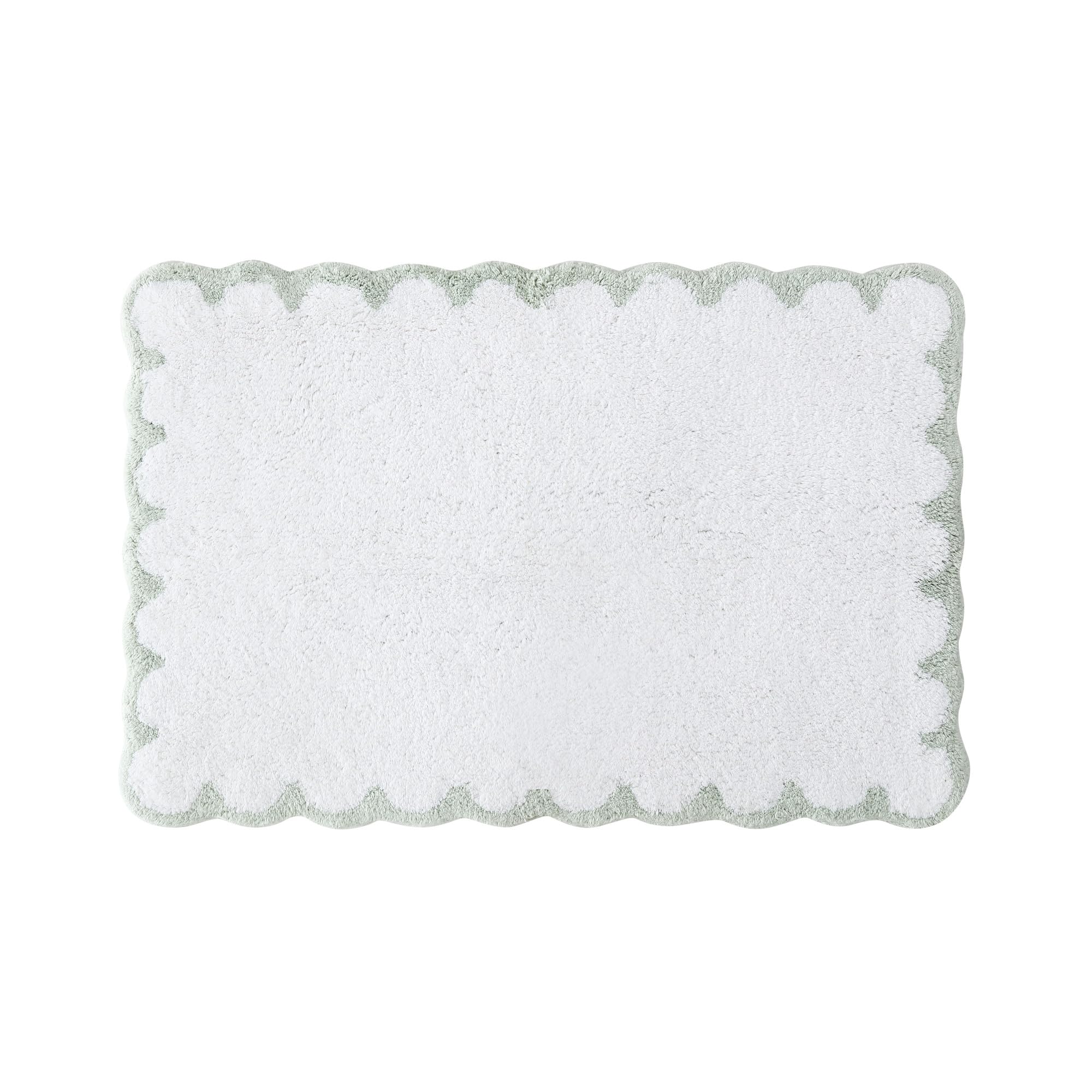 Peri Home Scalloped Bath Rug - Soft & Absorbent 100% Cotton Tufted Bath Mat, 20 x 30, White with Sage Scallop