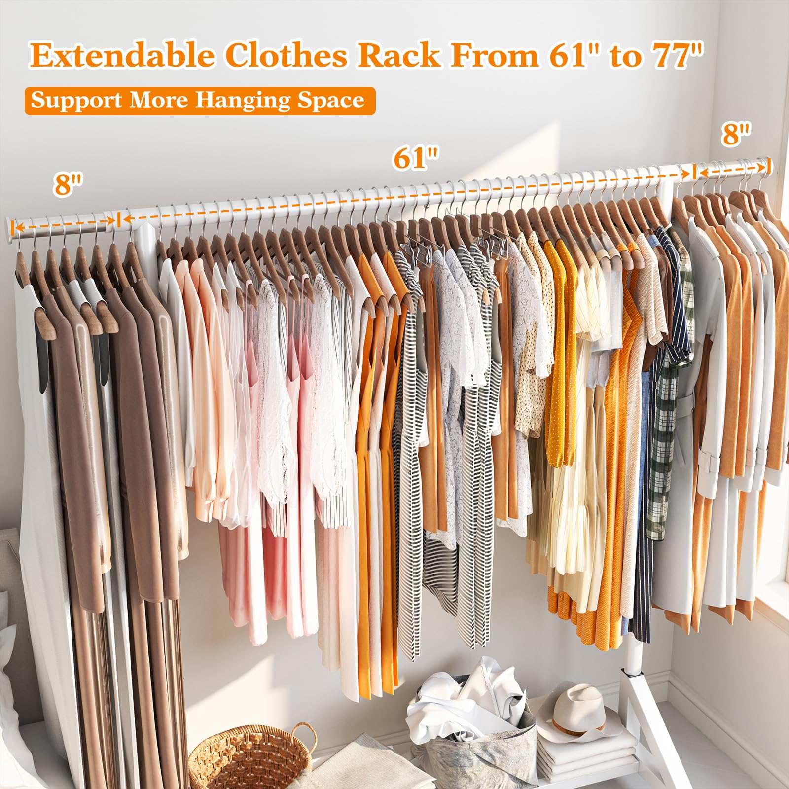 Raybee Heavy Duty Clothes Rack with Wheels, 77"W x 66"H x 24"D, Portable Metal Garment Rack, White