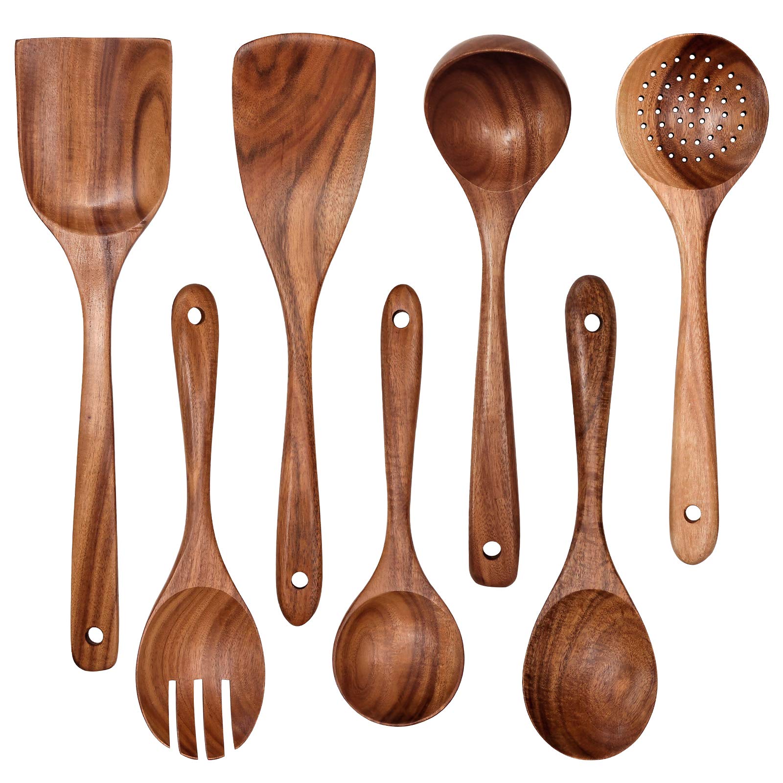 Wooden Non-Stick Kitchen Pan Toolset 7 Pieces Set,100% Natural Teak Kitchen Utensils Spatula, Wooden Cooking Utensils Spoons, Fr