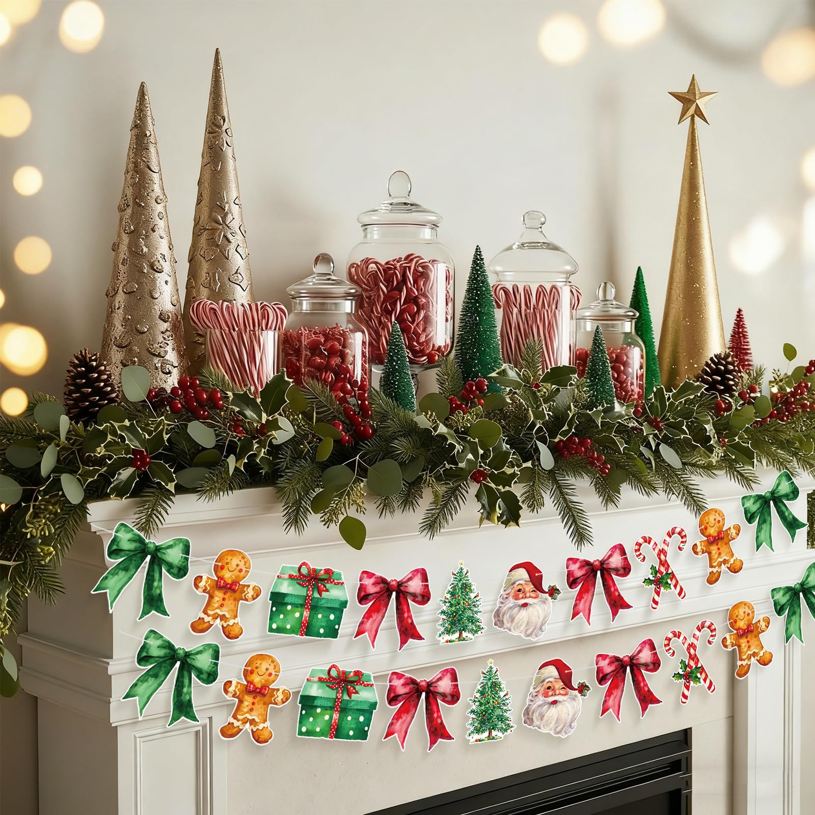 Oudain 2 Pack Christmas Paper Garland 6.56 ft Red Green Christmas Tree Santa Claus Candy Cane Gingerbread Man Bow Hanging Buntin