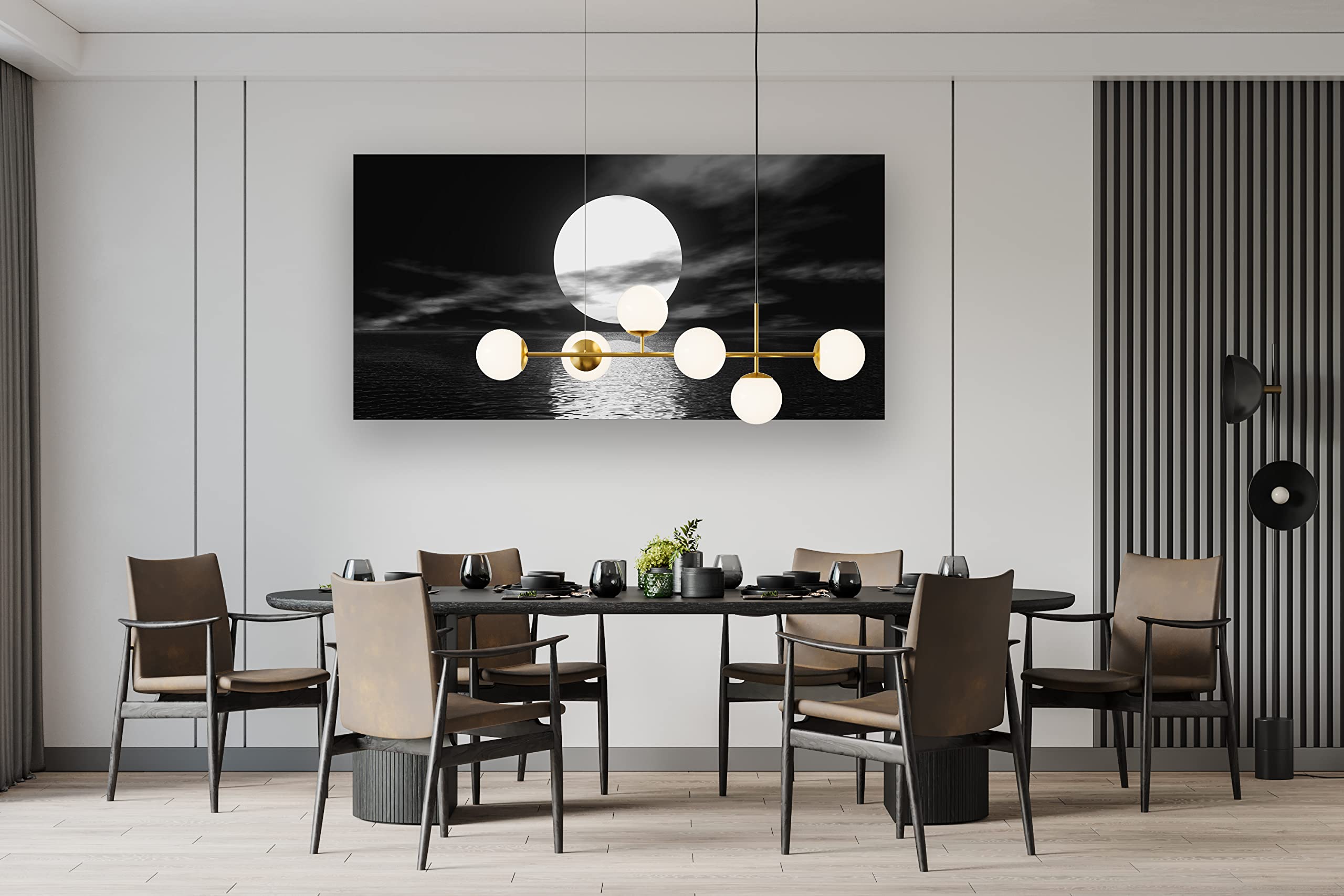 Cao Gen Decor Art S06475 Wall Art Canvas Sea White Full Moon in Night Picture Canvas Poster Print Black and White Ocean for Living Room Bedroom Kitchen Home Decorations Framed Artwork