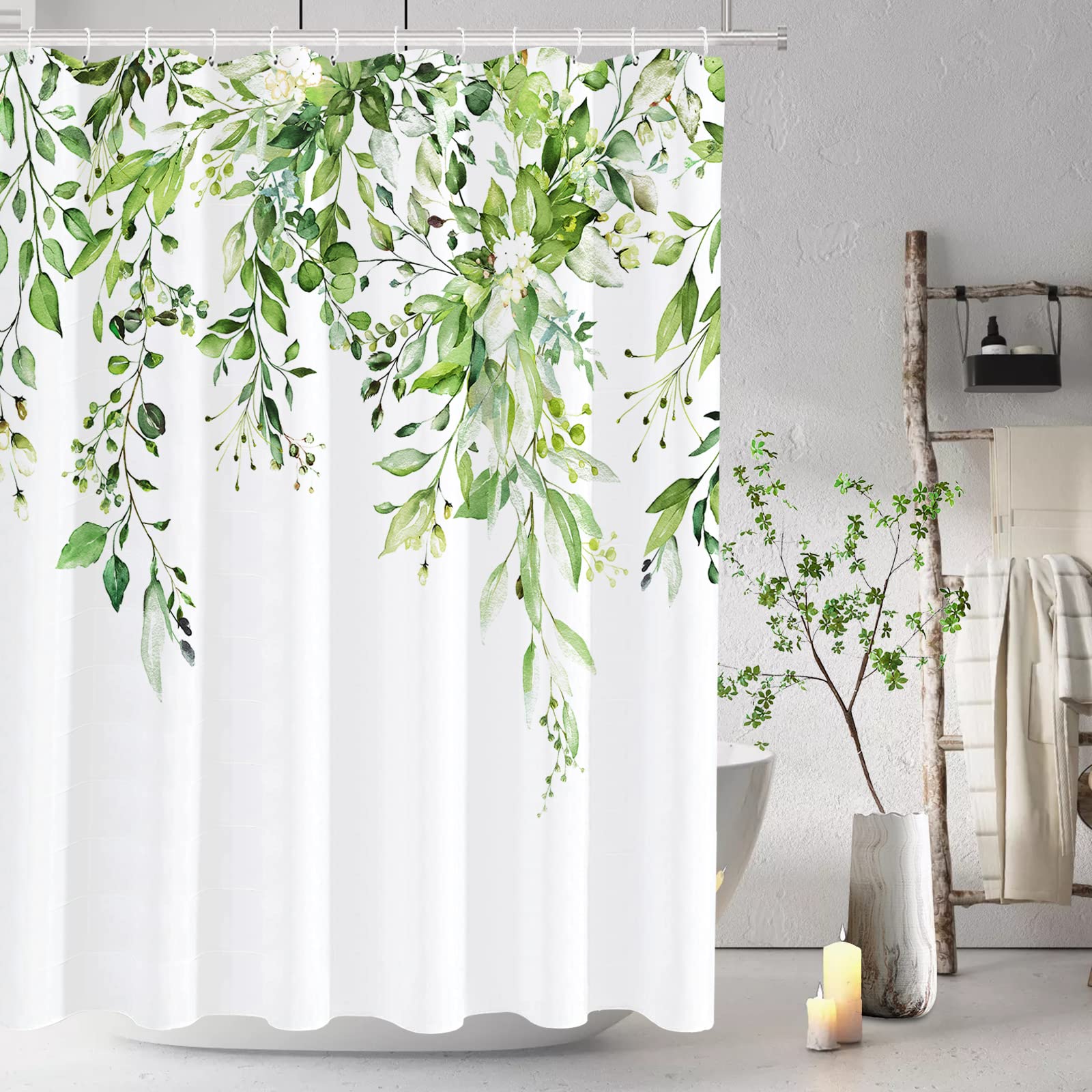 Tititex Greenery Eucalyptus Shower Curtain Sets, Bright Green Watercolor Leaves On The Top Plant With Floral Bathroom Decoration