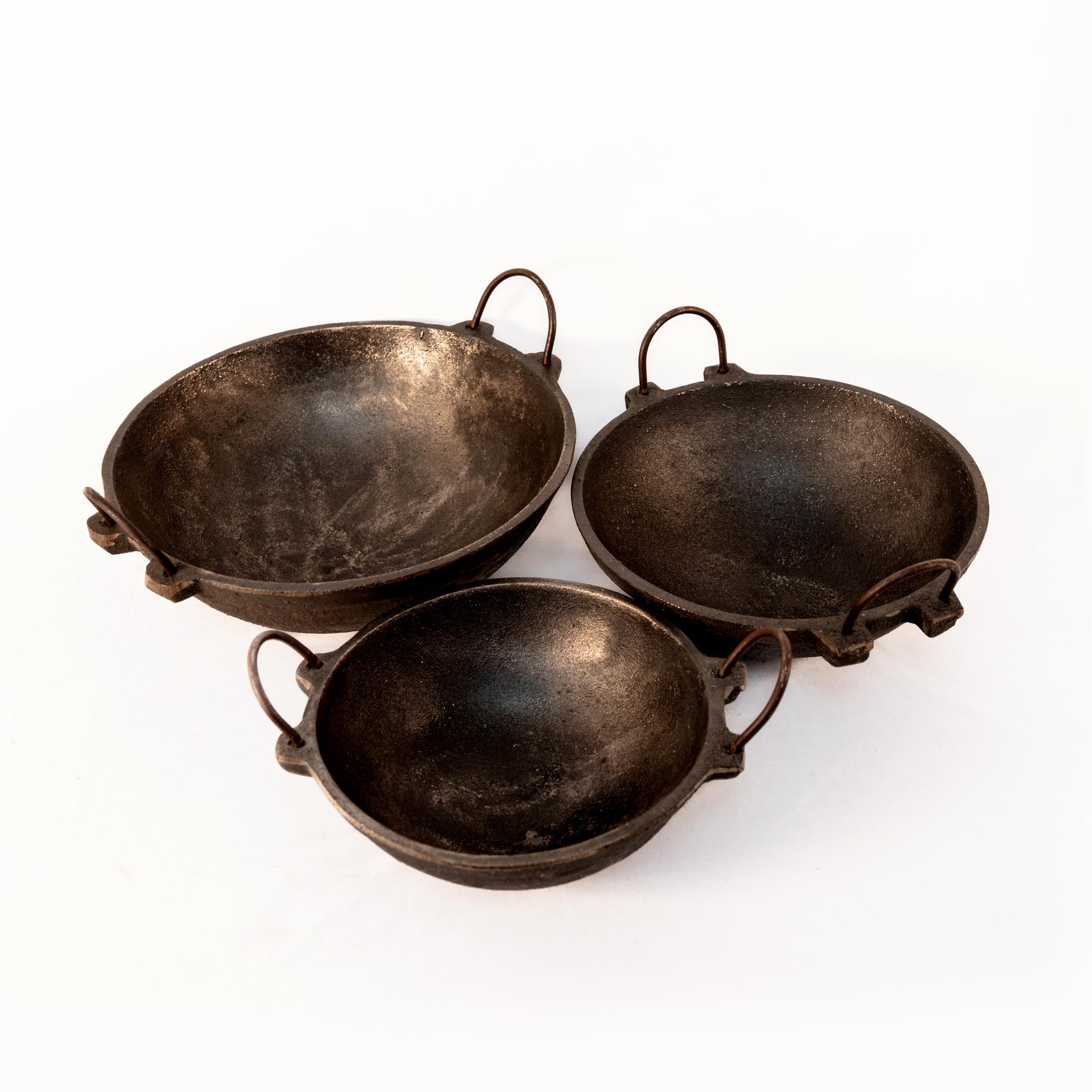 Zishta PreSeasoned Handcrafted Cast Iron Kadai Combo | Multipurpose Cast Iron Kadhai Cookware Combo Of 3 Sizes Small, Medium An