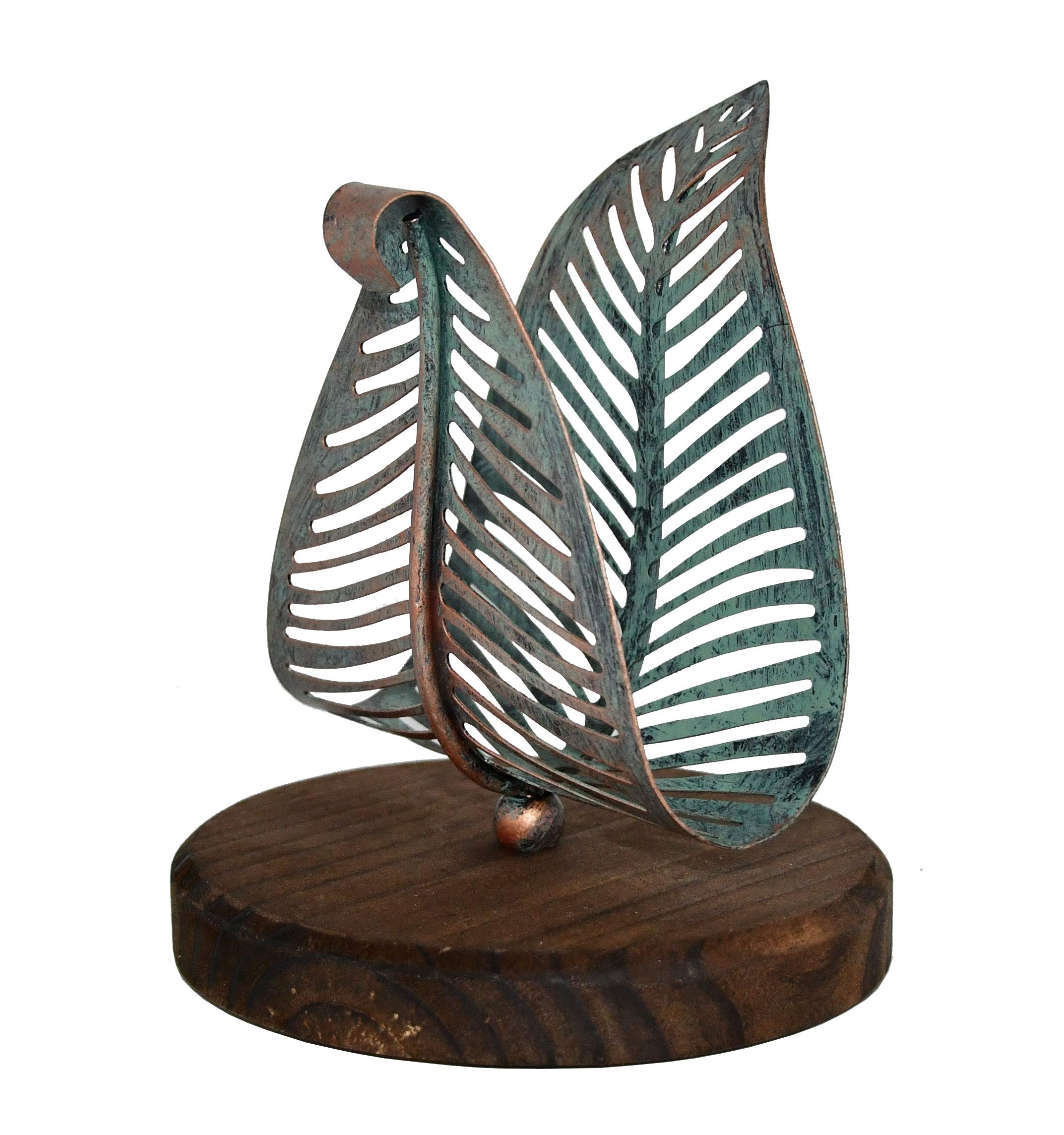 Owlgift Freestanding Modern Napkin Holder W/Golden Turquoise Metal Leaf & Brown Wooden Base Design, Tabletop Tissue Dispenser, N