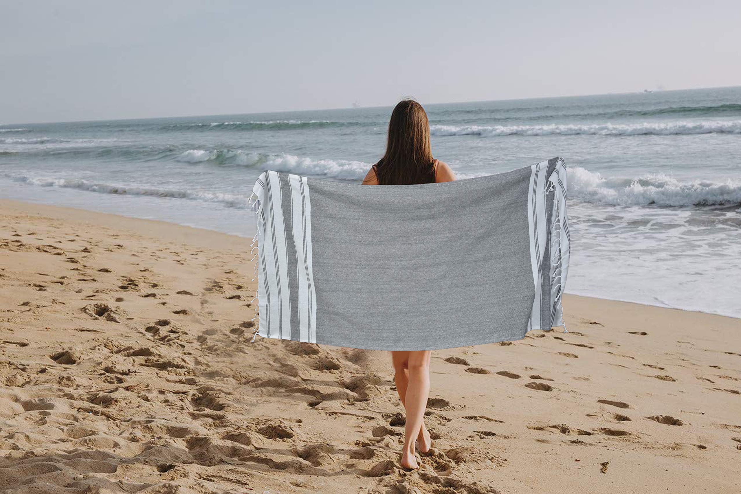 GLAMBURG Peshtemal Turkish Towel 100% Cotton Beach Towels Oversized 36x71 Set of 2  Cotton Beach Towels for Adults  Soft Durable Absorbent Extra Large Bath Sheet Hammam Towel - Charcoal Grey
