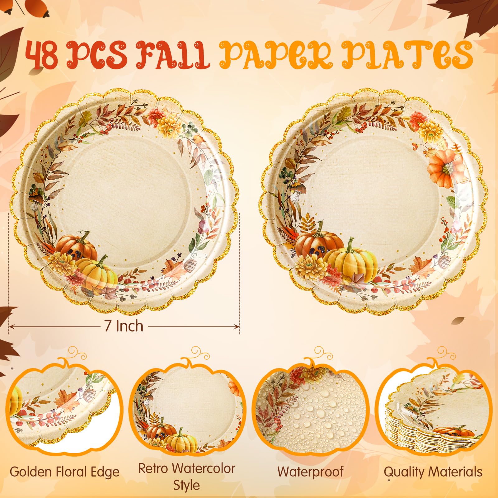 Havawish 96 Pcs Thanksgiving Paper Plates and Napkins Set Serve 48, 7 Inch Fall Plates and Napkins Fall Party Supplies Disposabl