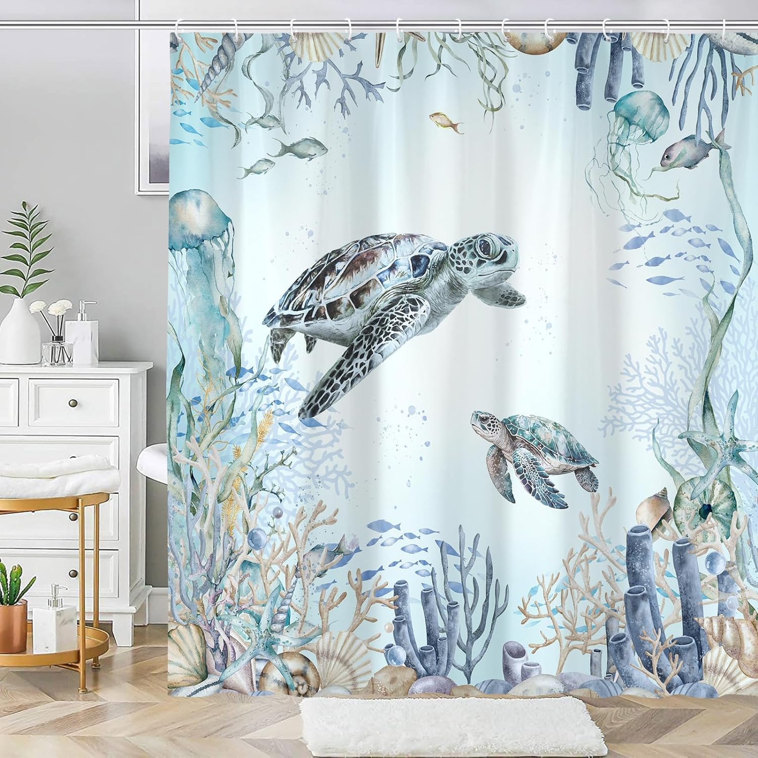 Emwnodti Sea Turtle Shower Curtain Coastal Beach Ocean Themed Bathroom Decoration, Underwater Marine Life Fish Jellyfish Coral T