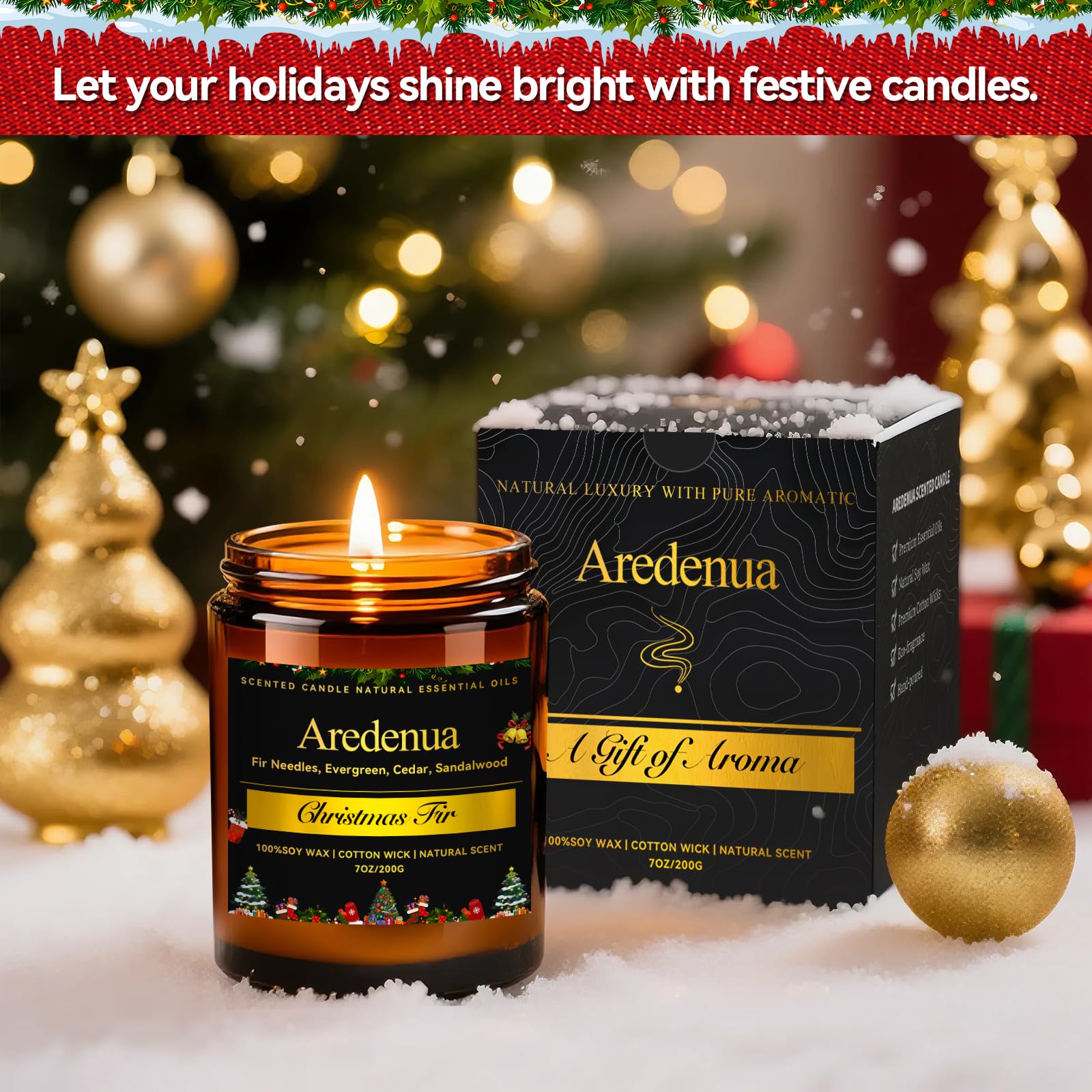 Christmas Candles - Christmas Fir Candle | 7 oz Soy Candles with Fresh Evergreen & Pine Tree Scent | Winter Holiday Scented Cand